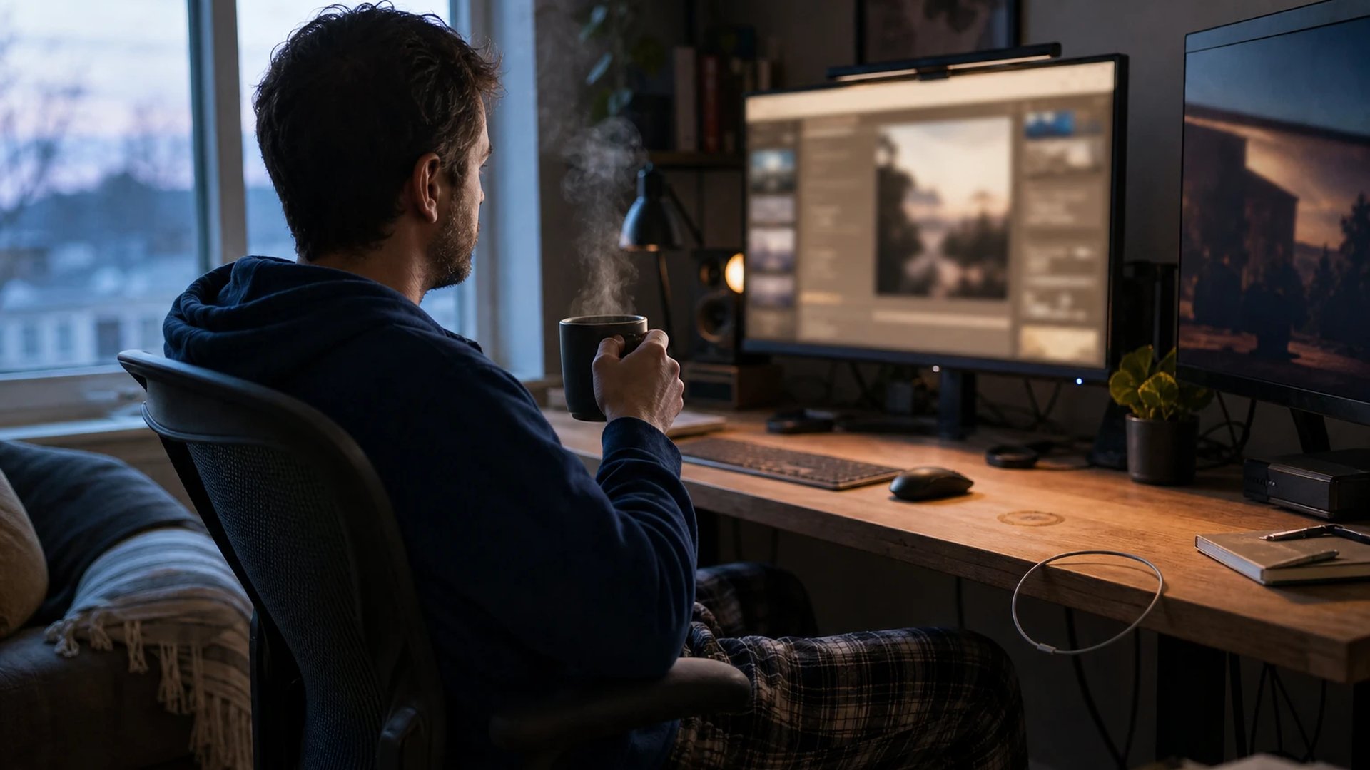 Entwickler lehnt sich im Morgenlicht mit Kaffeetasse zurück und prüft fertige Ergebnisse am Monitor als Bild für selbststeuernde KI-Schleifen
