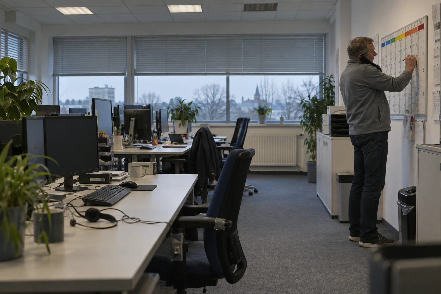 Mitarbeiter eines Stadtwerks telefoniert und trägt einen Termin in den Wandplaner des Service-Centers ein