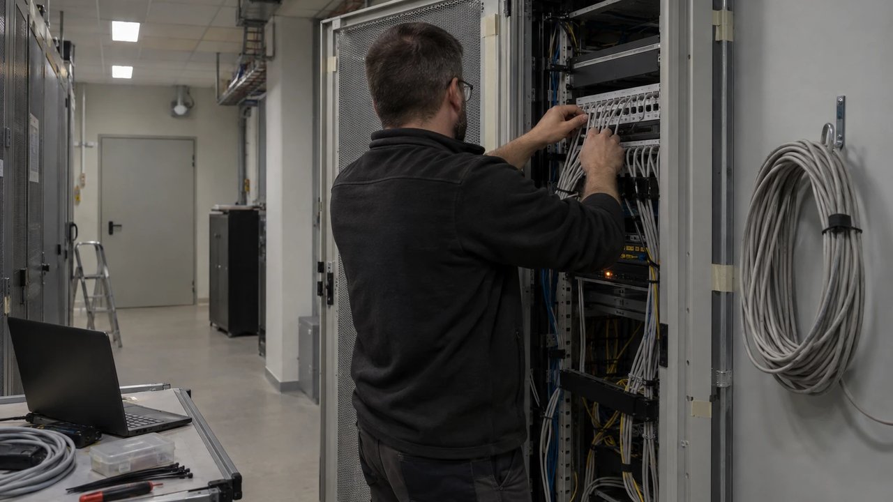 Administrator prüft im Serverraum eines Regionalversorgers die Verkabelung eines offenen Netzwerkschranks