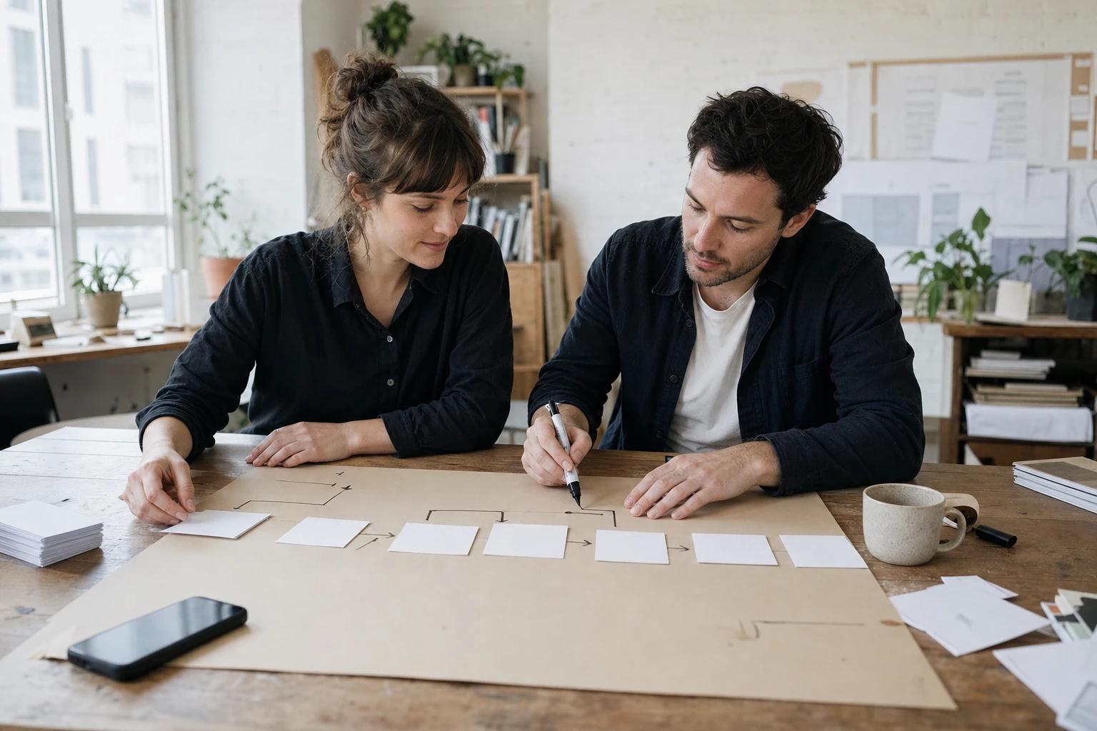 Zwei Kolleginnen und Kollegen bauen einen kompletten Arbeitsablauf um, indem sie Karten und Pfeile auf einem großen Blatt anordnen, ein Bild für Workflow-Umbau.