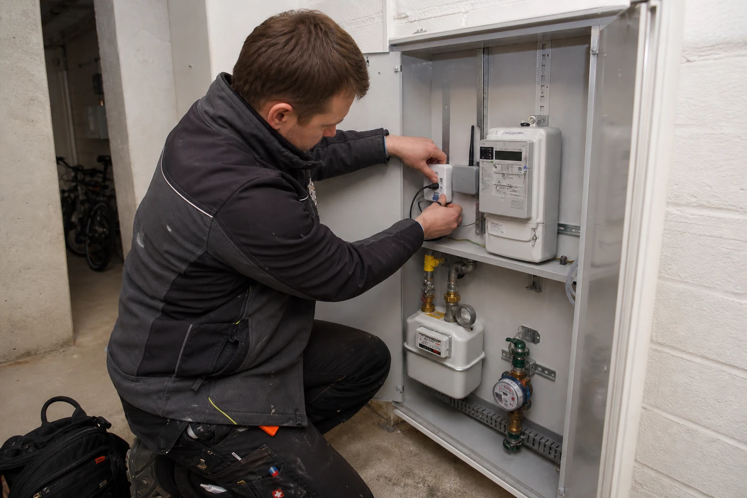 Messtechniker an einem Mehrsparten-Zählerschrank mit Strom-, Gas- und Wasserzähler
