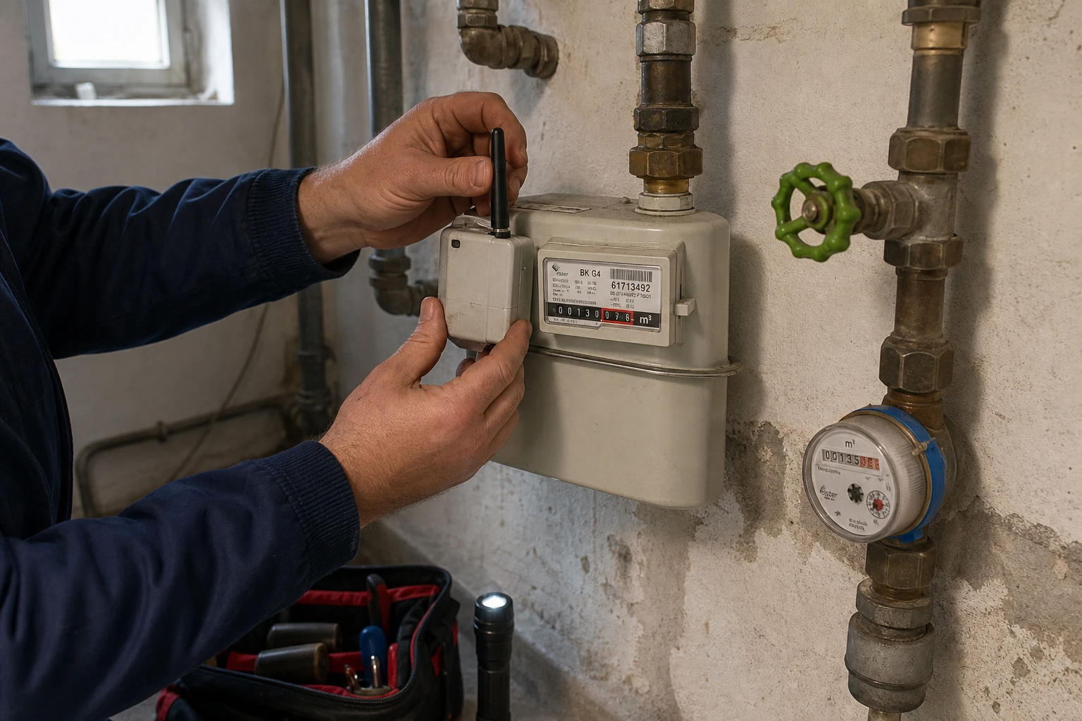 Monteur montiert ein wireless-M-Bus-Funkmodul an einen Gaszähler, daneben der Wasserzähler