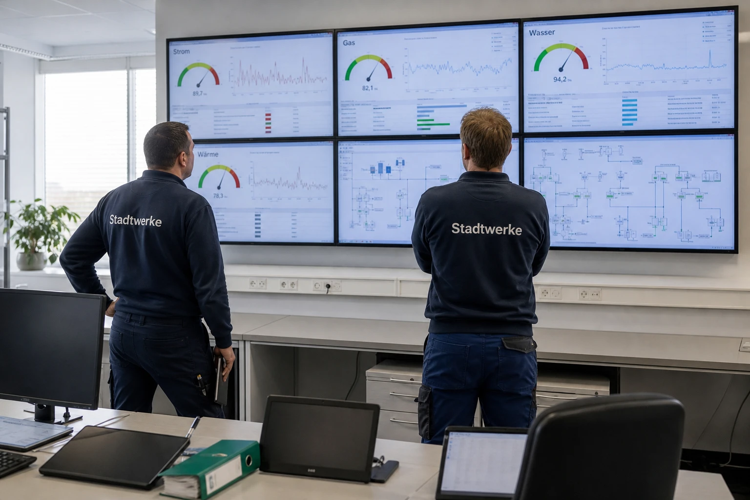 Stadtwerke-Leitwarte mit Dashboards für Strom, Gas, Wasser und Wärme, eine Infrastruktur für alle Sparten