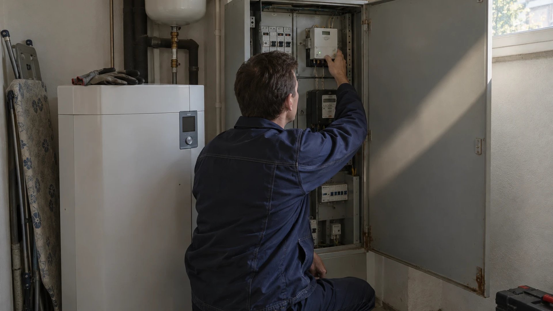 Messtechniker montiert im Hauswirtschaftsraum eines Einfamilienhauses ein Smart-Meter-Gateway im offenen Zählerschrank