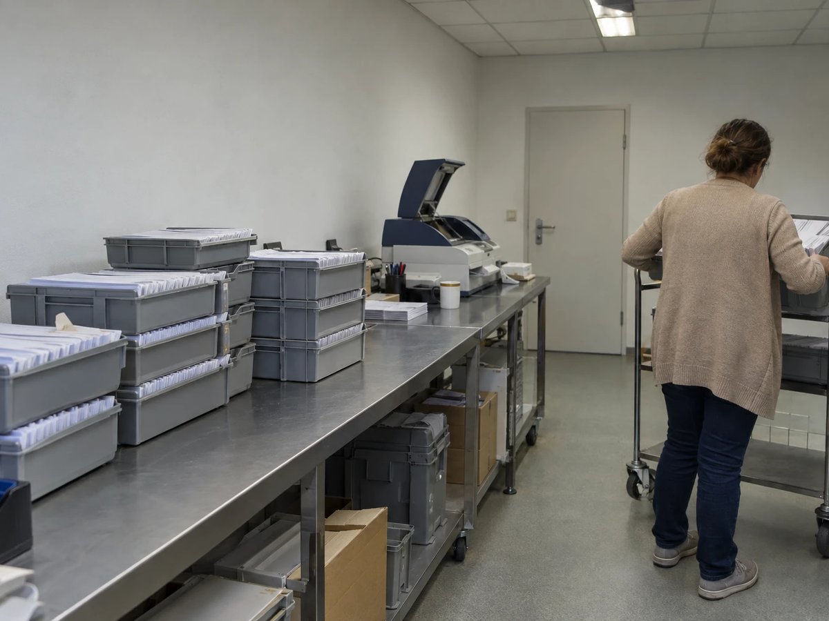 Poststelle eines Stadtwerks mit gestapelten Kisten verschlossener Fensterumschläge auf einem Stahltisch und einer Frankiermaschine