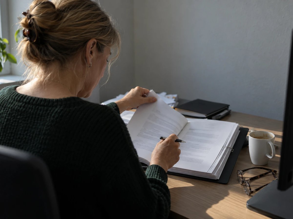 Portfoliomanagerin im Gaseinkauf eines Regionalversorgers blättert mit Stift in der Hand durch einen Liefervertrag