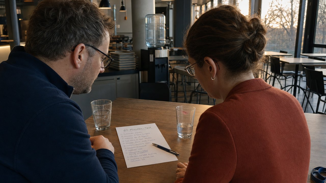 IT-Lead und Fachbereichsleitung prüfen in einer Unternehmenskantine eine handschriftliche Checkliste für einen Microsoft Copilot Test