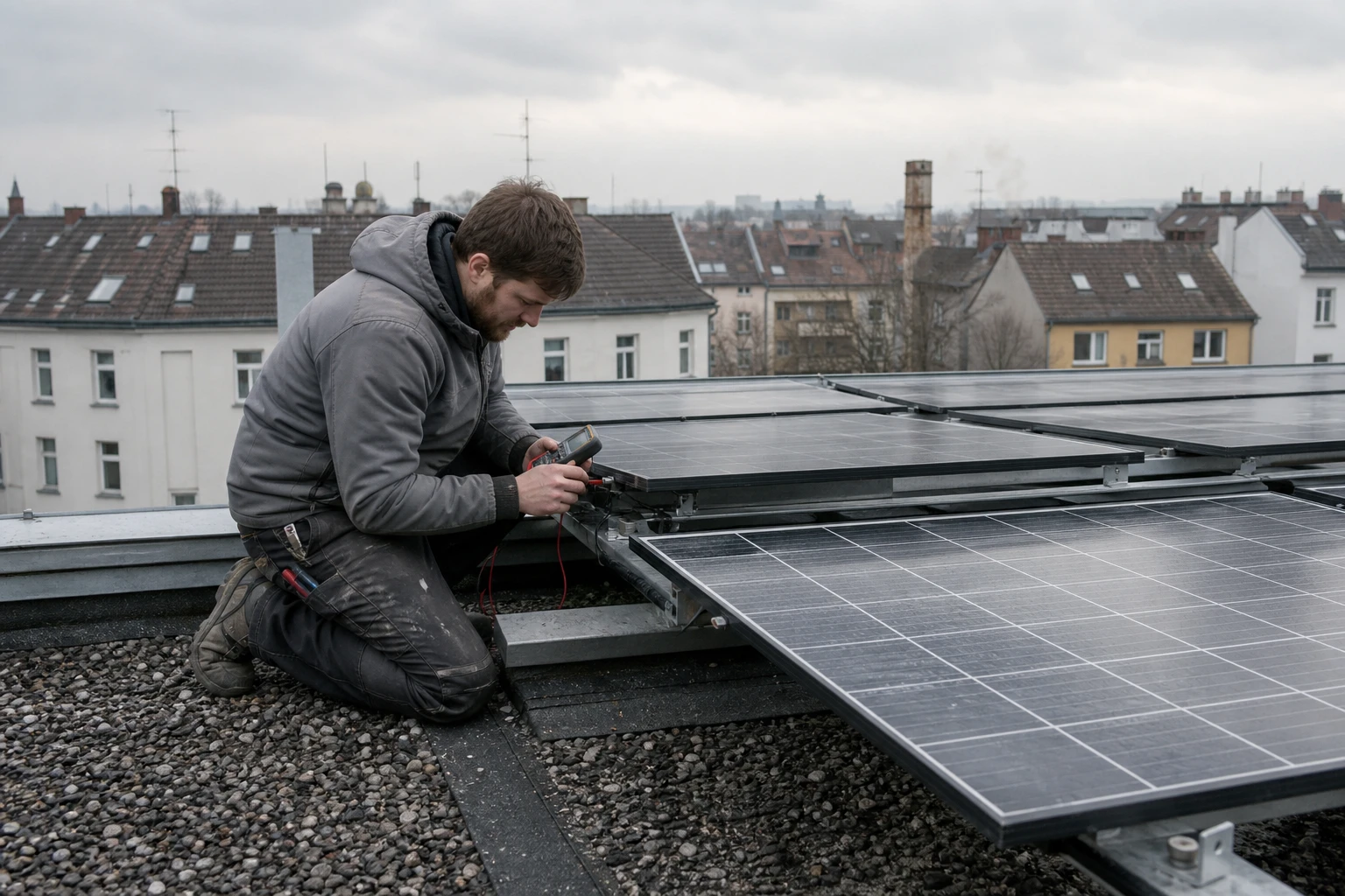 Solartechniker prüft mit einem Multimeter die Kabelverbindung eines Photovoltaikmoduls auf dem Flachdach eines Mehrfamilienhauses, dahinter Stadtdächer