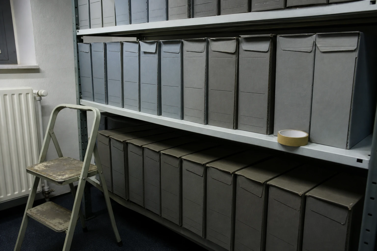 Regale mit Archivkartons in einem Aktenraum, das unterste Fach durchgebogen, davor eine Trittleiter mit abgelaufener Farbe auf der obersten Stufe