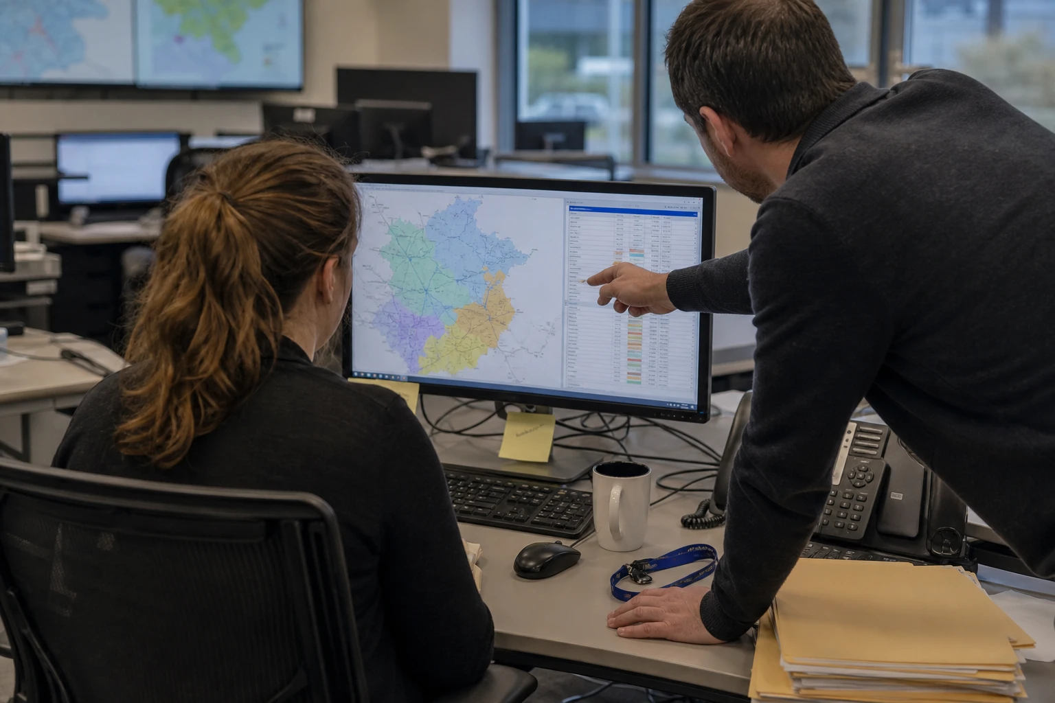 Zwei Planer eines Verteilnetzbetreibers schauen im Büro auf einen Monitor mit einer Netzkarte in farbigen Kapazitätszonen und einer Datentabelle