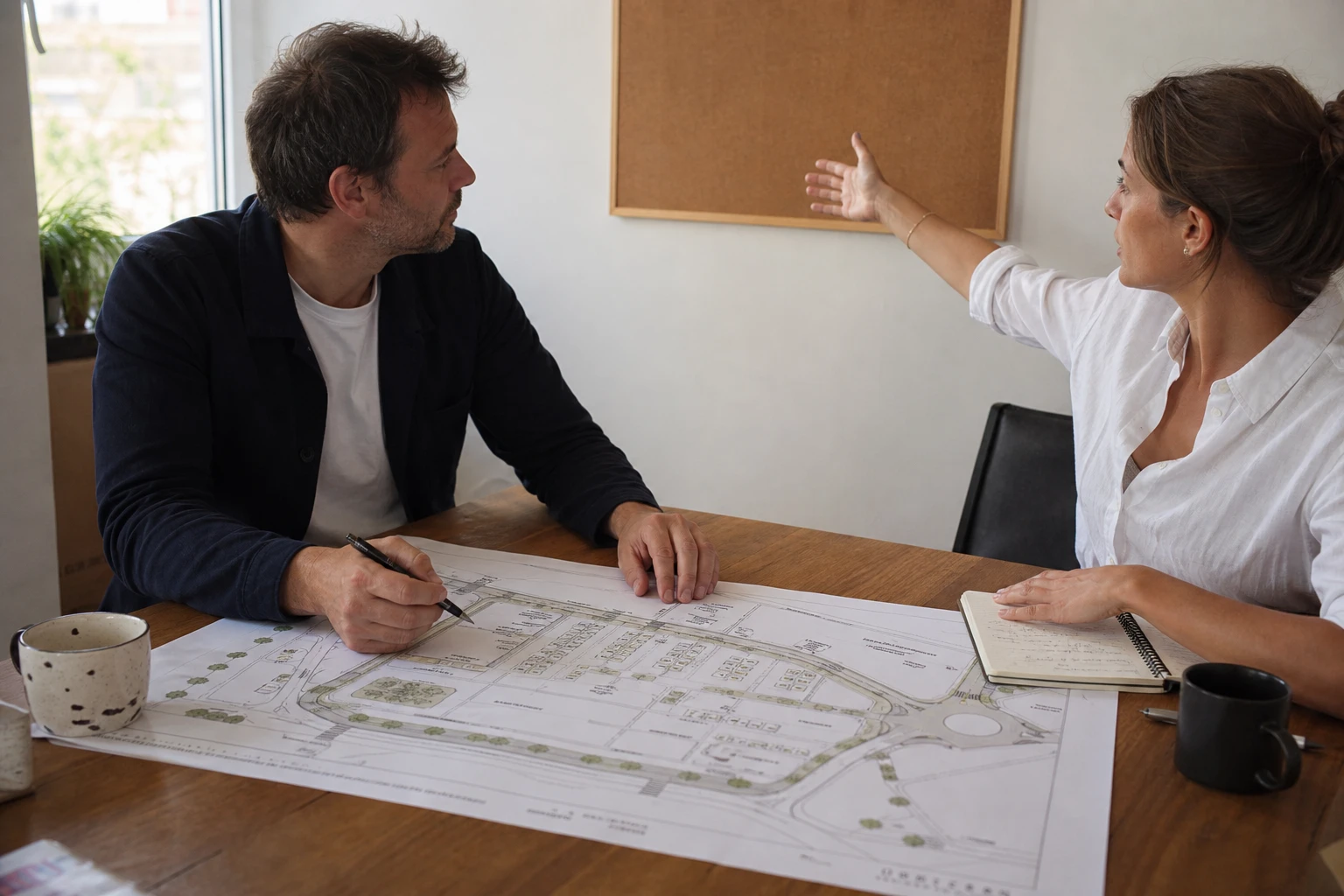 Ein Mann und eine Frau prüfen an einem Tisch einen großen gedruckten Lageplan eines Ladeparks und besprechen die Standortplanung