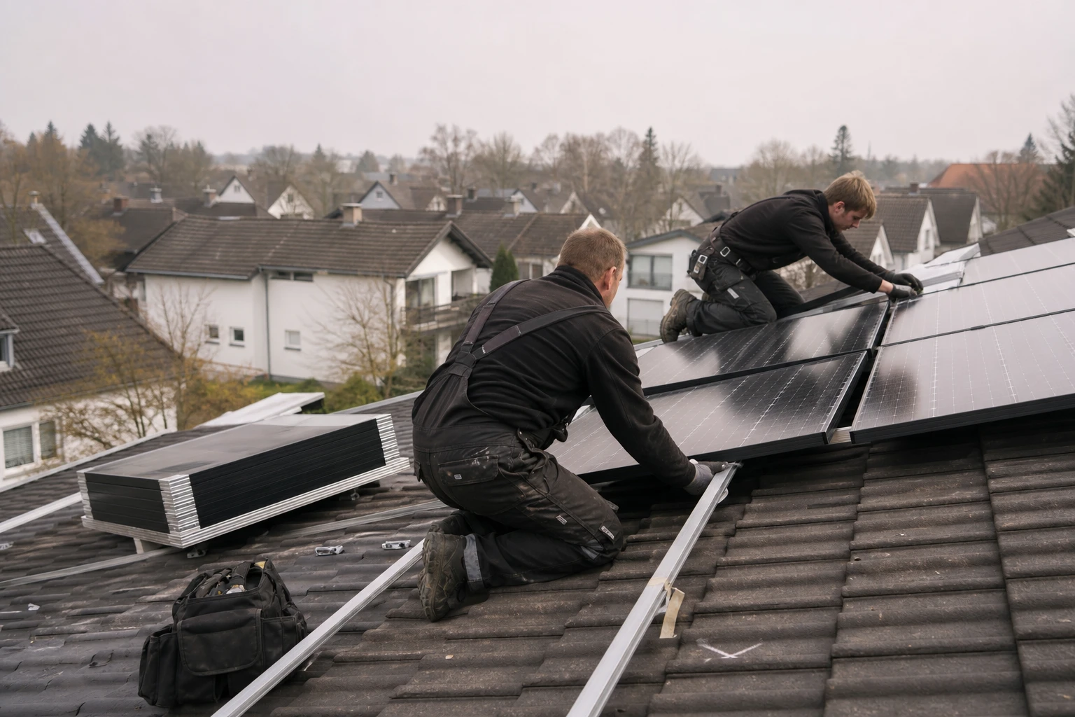 Zwei Installateure in dunkler Arbeitskleidung montieren dunkle Solarmodule auf dem Schrägdach eines Wohnhauses in einer Vorstadt, im Hintergrund weitere Hausdächer