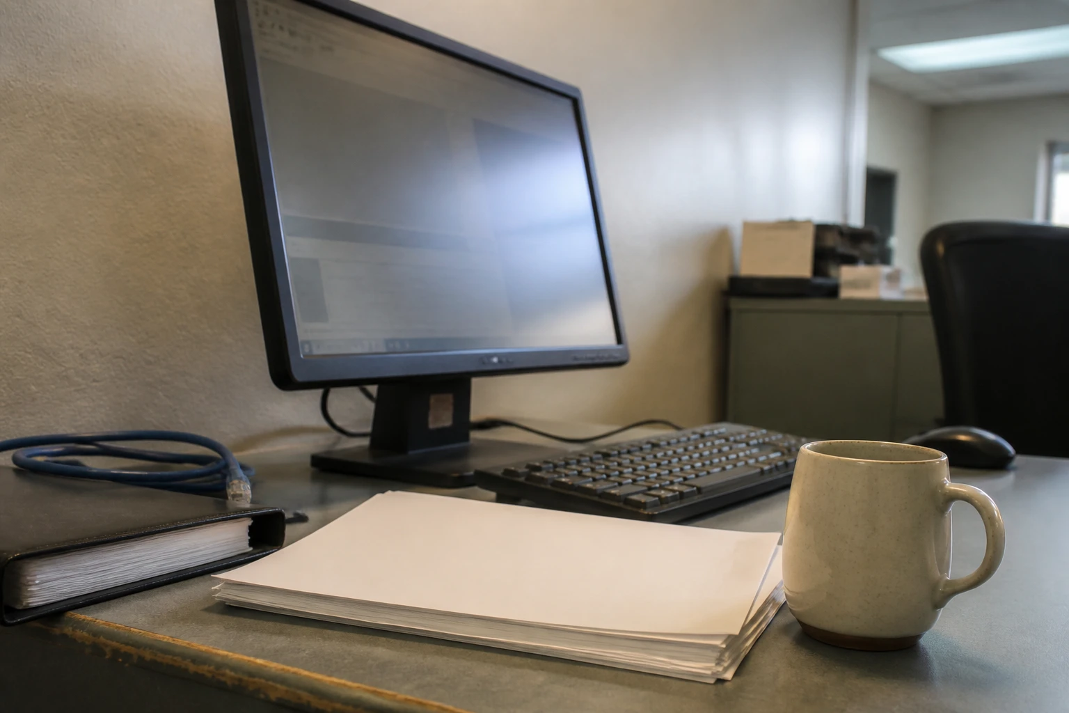 Arbeitsplatz in einem Stadtwerke-Backoffice mit einem Monitor, Tastatur, einem Stapel unbeschrifteter Ausdrucke, einem Netzwerkkabel und einer Kaffeetasse auf dem Schreibtisch