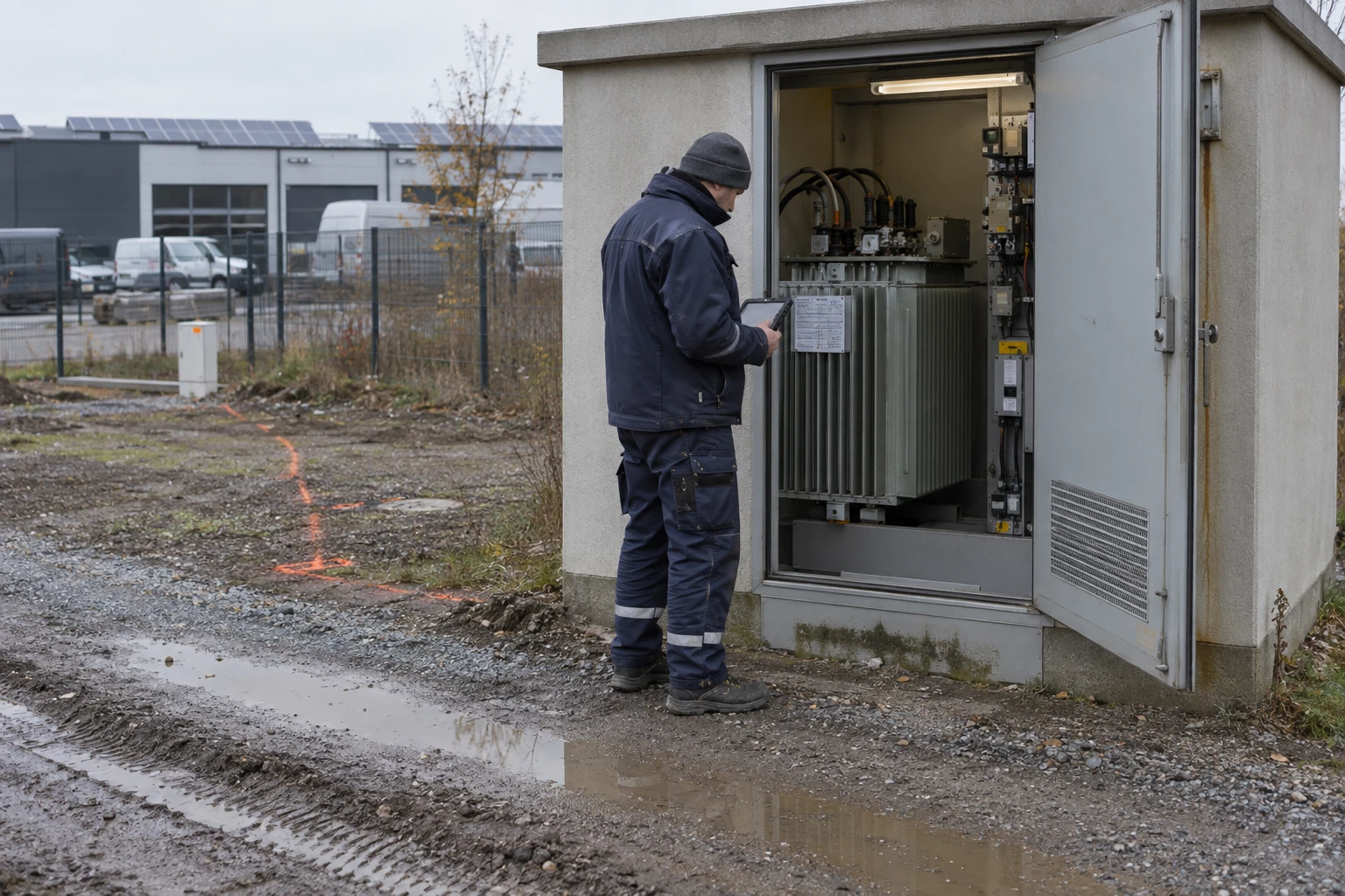 Netztechniker gleicht an einer geöffneten Ortsnetzstation im Gewerbegebiet das Typenschild des Transformators mit den Daten auf seinem Tablet ab