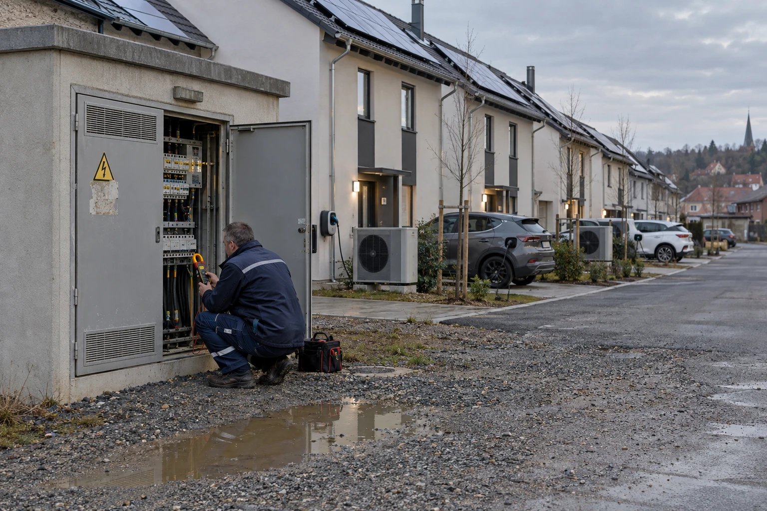 Netztechniker misst an der offenen Ortsnetzstation einer Neubausiedlung mit Wärmepumpen, Wallboxen und Solardächern