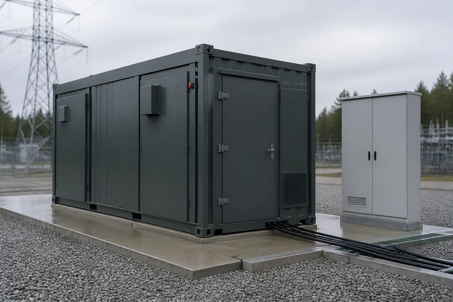 Ein einzelner begehbarer Batteriespeicher-Container auf einer Betonfläche an einem Umspannwerk, daneben ein Schaltschrank und Kabeltrassen