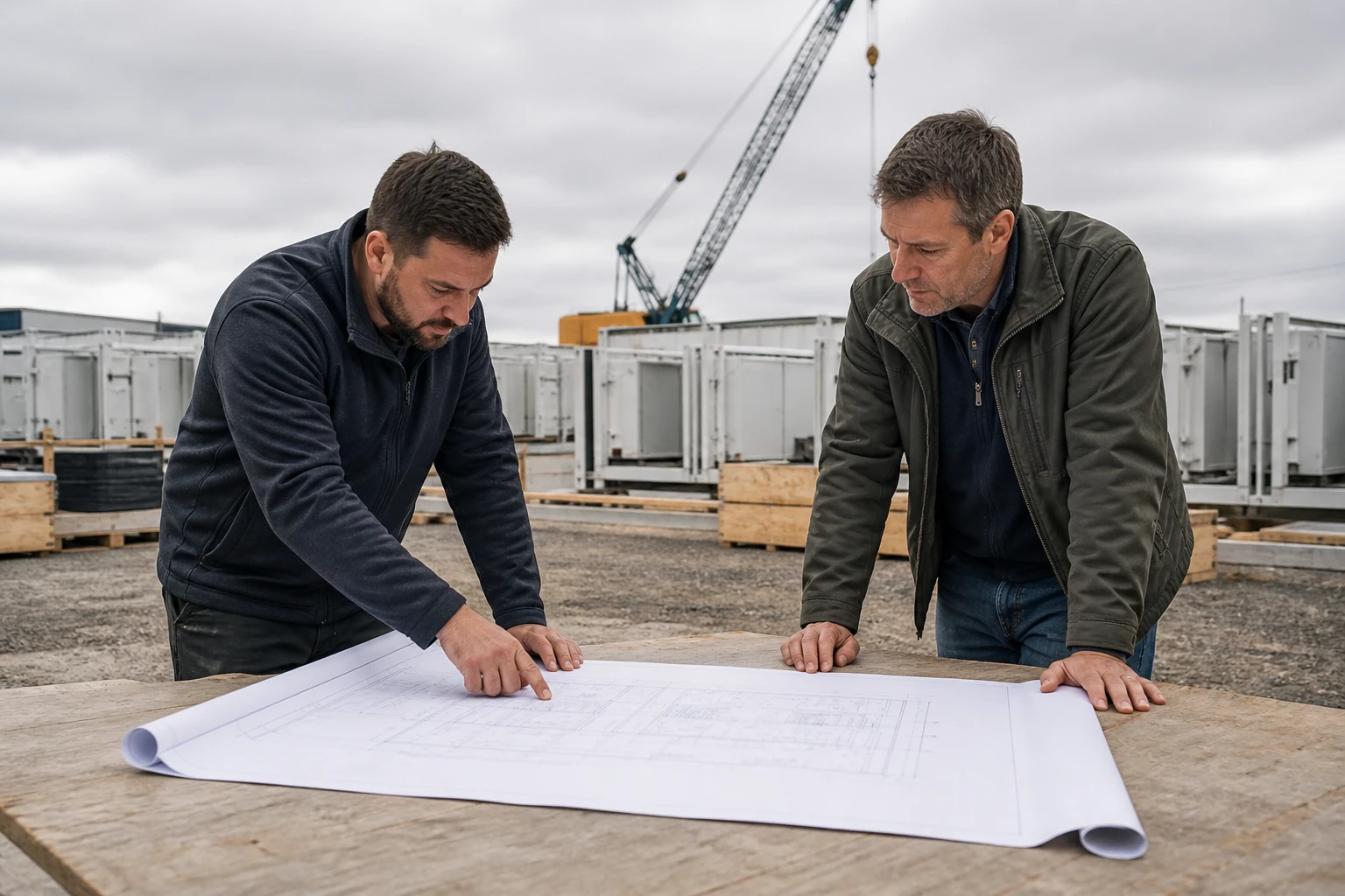 Zwei Projektingenieure in Arbeitskleidung stehen an einem Tisch auf einer Baustelle für Batteriespeicher und sehen sich einen ausgerollten Plan an, im Hintergrund Container und ein Kran