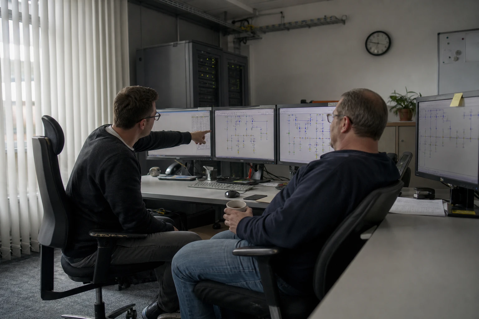 Zwei Operatoren in der Leitwarte eines Verteilnetzbetreibers vor Monitoren mit Netzschemata des Niederspannungsnetzes