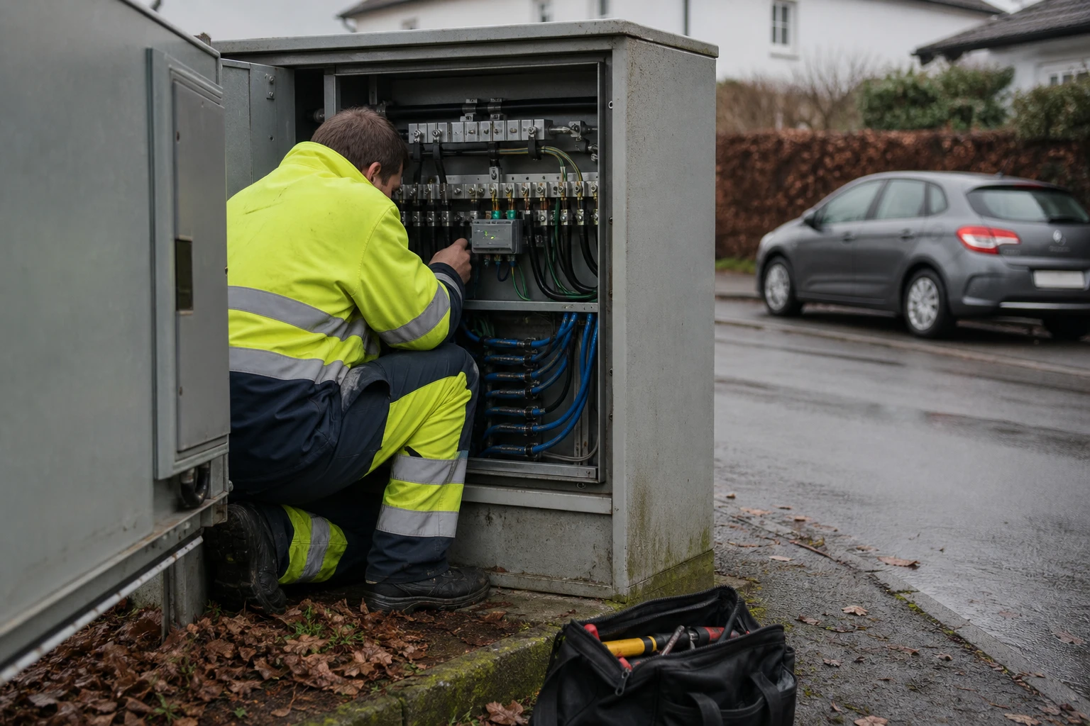 Netztechniker in Warnschutzjacke prüft ein Messmodul in einem geöffneten grauen Niederspannungs-Kabelverteilerschrank am Straßenrand