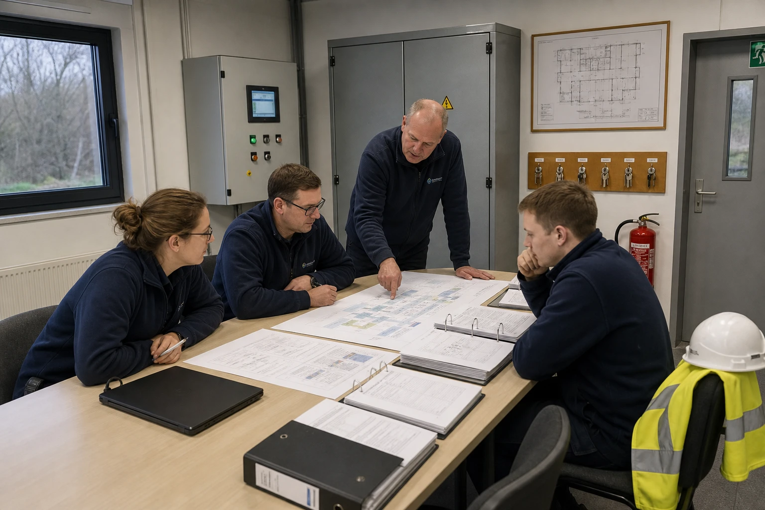 Kleines Team im Betriebsraum eines Stadtwerks bespricht gedruckte Prozesskarten und Ordner, im Hintergrund ein Zutrittskontrollpanel und ein verschlossener Anlagenschrank