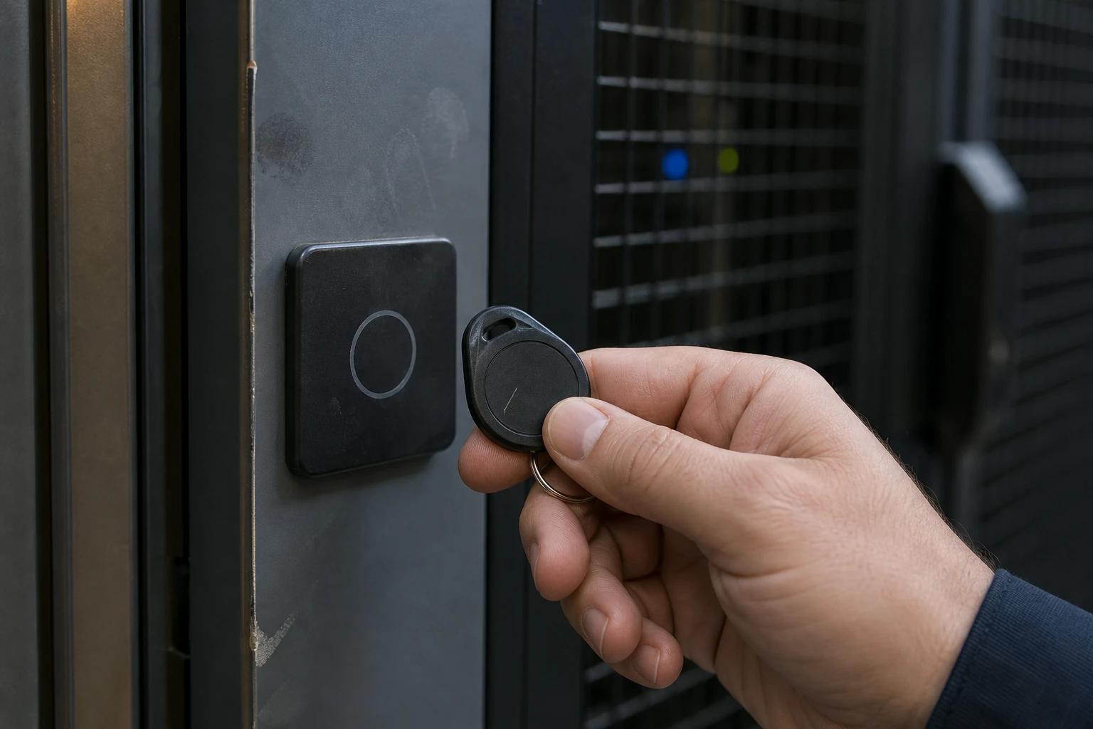 Eine Hand hält einen kleinen schwarzen Zugangs-Token vor ein Lesegerät neben der Tür eines Serverschranks, dahinter ein Gitter mit blauen und gelben Leuchten.