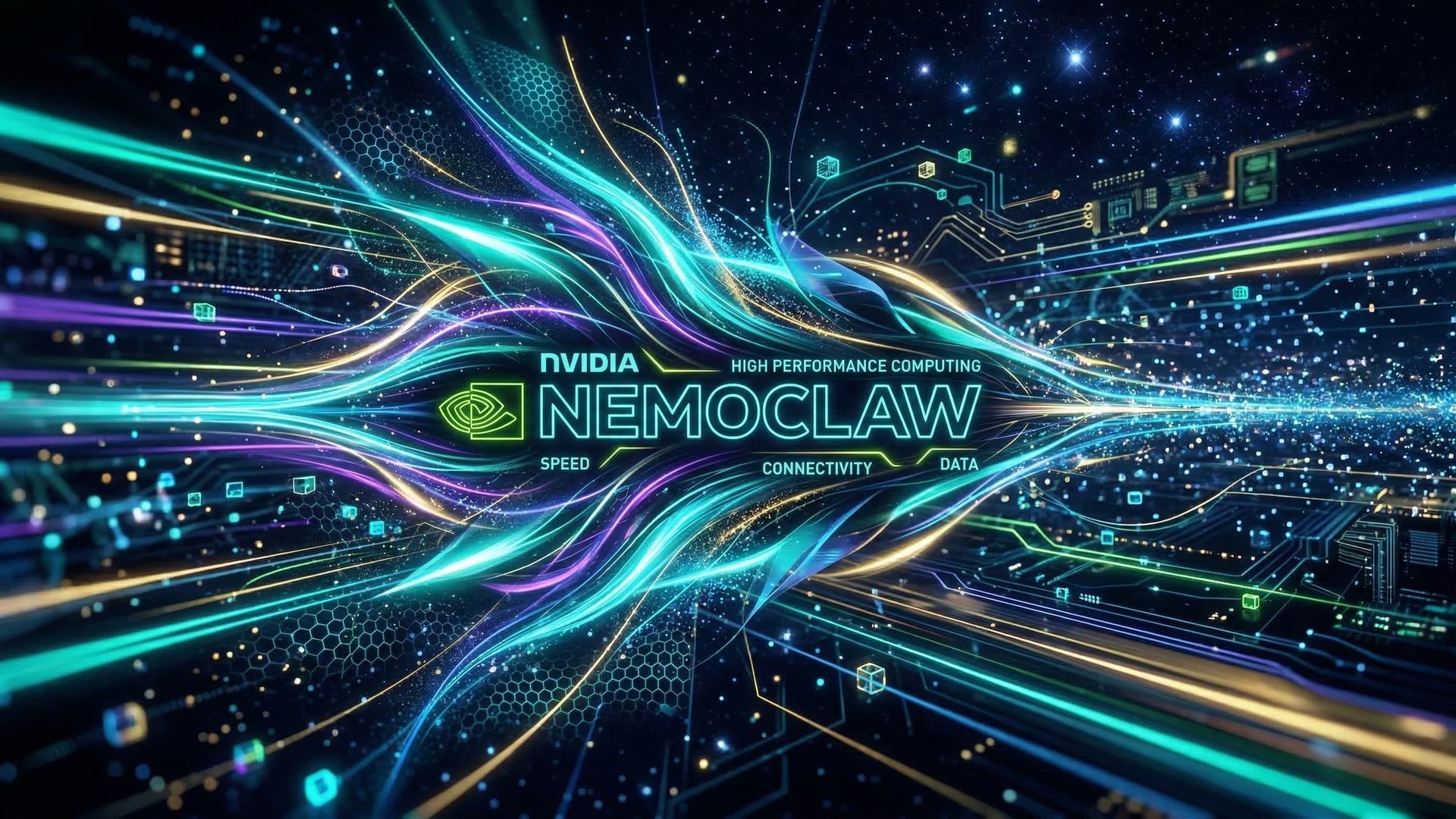 NVIDIA NemoClaw High Performance Computing: Farbenfrohe Datenstroeme und Netzwerkverbindungen symbolisieren sichere KI-Agentenarchitektur mit OpenShell