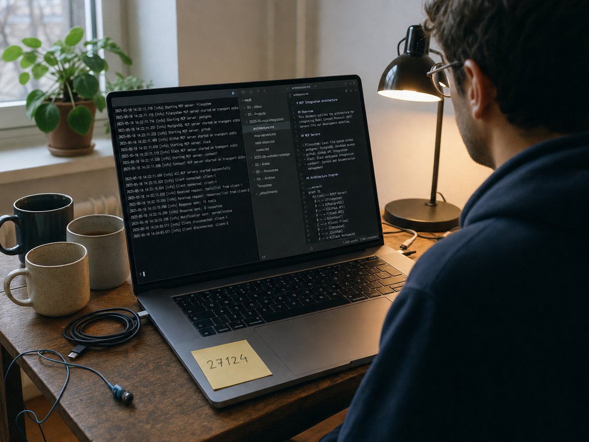 Entwickler an einem Schreibtisch mit Laptop, das ein Terminal mit MCP-Server-Logs neben einem Markdown-Editor mit Vault-Ordnerstruktur zeigt
