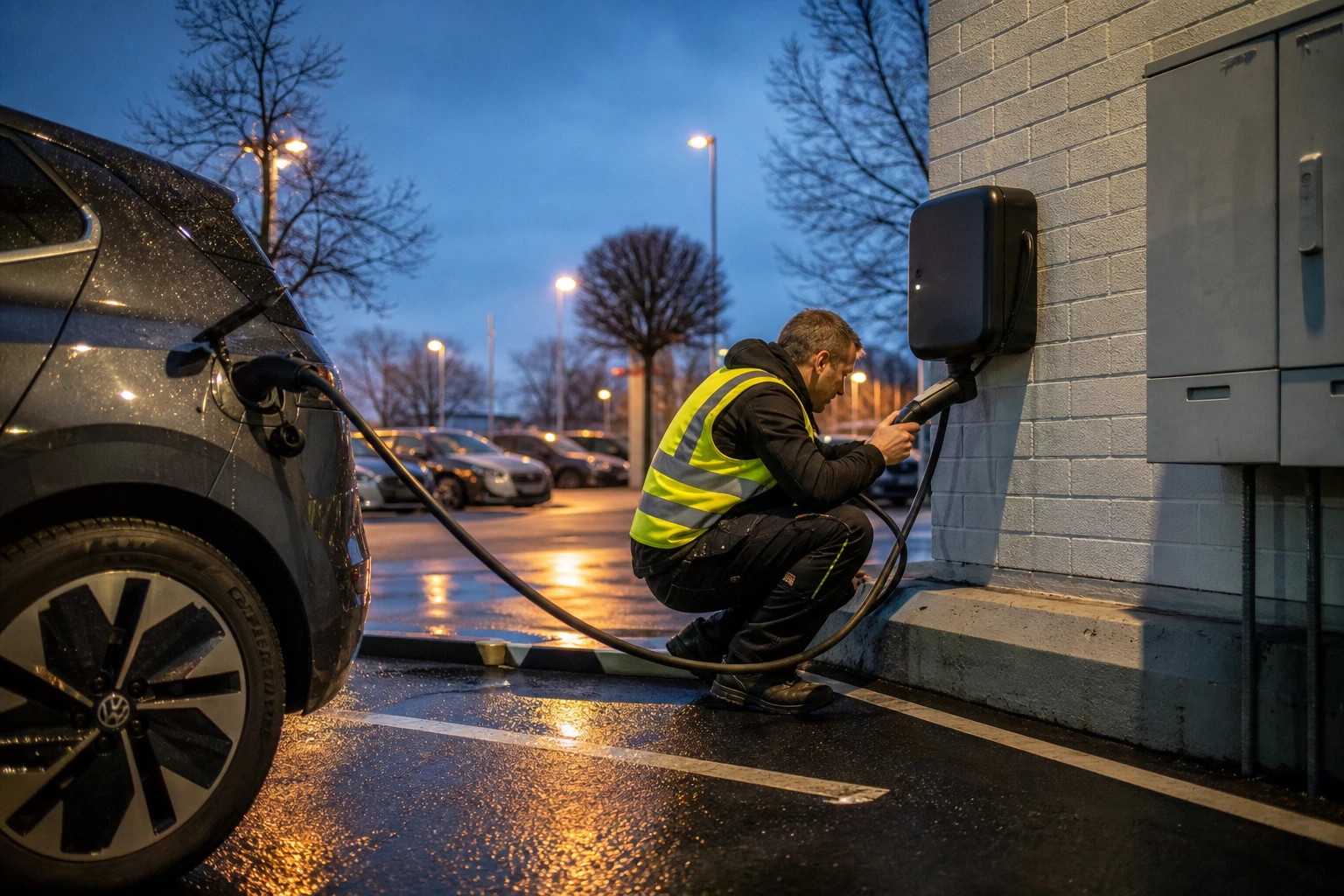 Elektroauto an einer kompakten bidirektionalen Wallbox in der Abenddämmerung, ein Techniker prüft den Stecker am Ladekabel