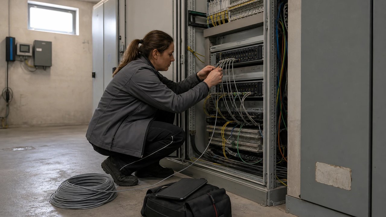 Technikerin in grauer Arbeitsjacke kniet im Technikraum eines Umspannwerks vor einem geöffneten Schaltschrank mit industriellen Netzwerk-Switches und führt ein Patchkabel zu einem Port