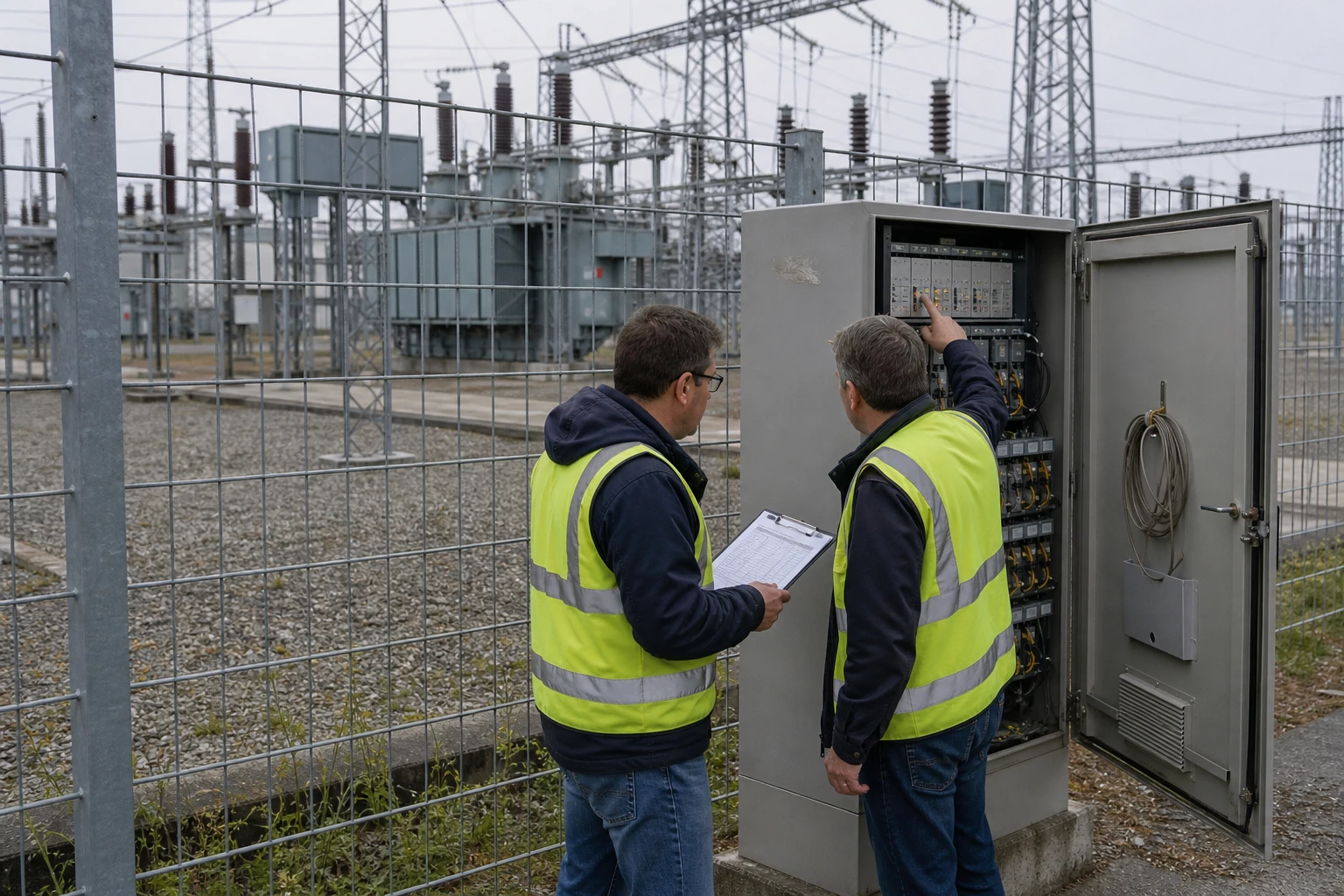 Zwei Technikerinnen und Techniker in Warnwesten an einem Außenschrank eines Umspannwerks hinter einem Sicherheitszaun