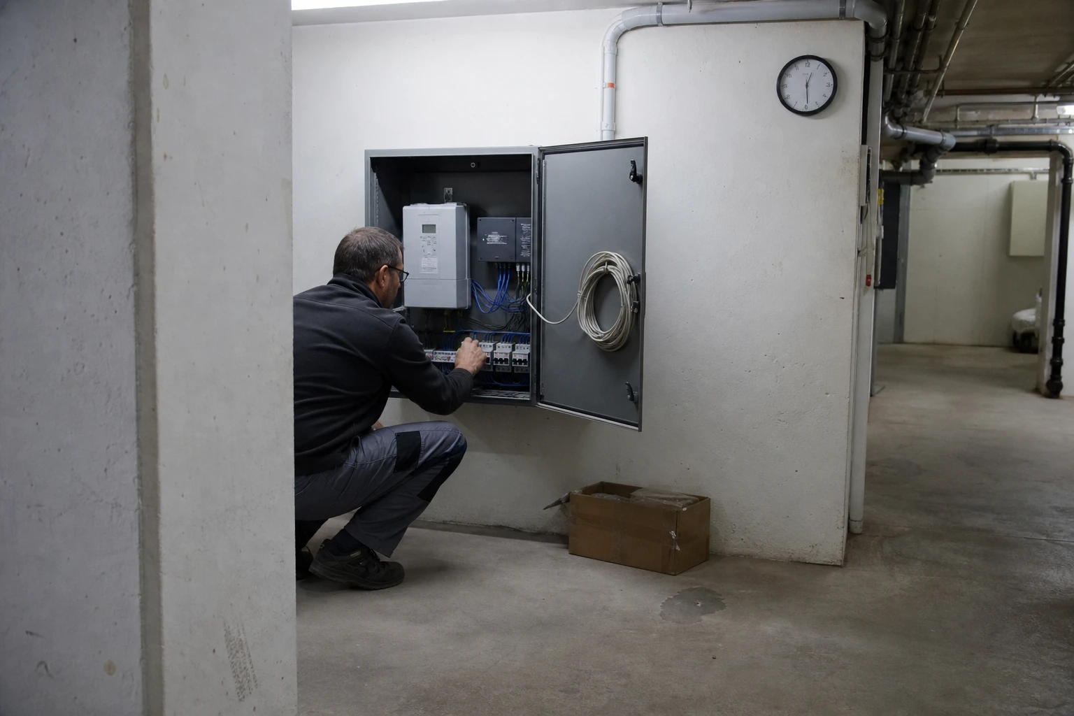 Technikerin oder Techniker am geöffneten Zählerschrank im Keller mit Smart Meter und Kommunikationsmodul