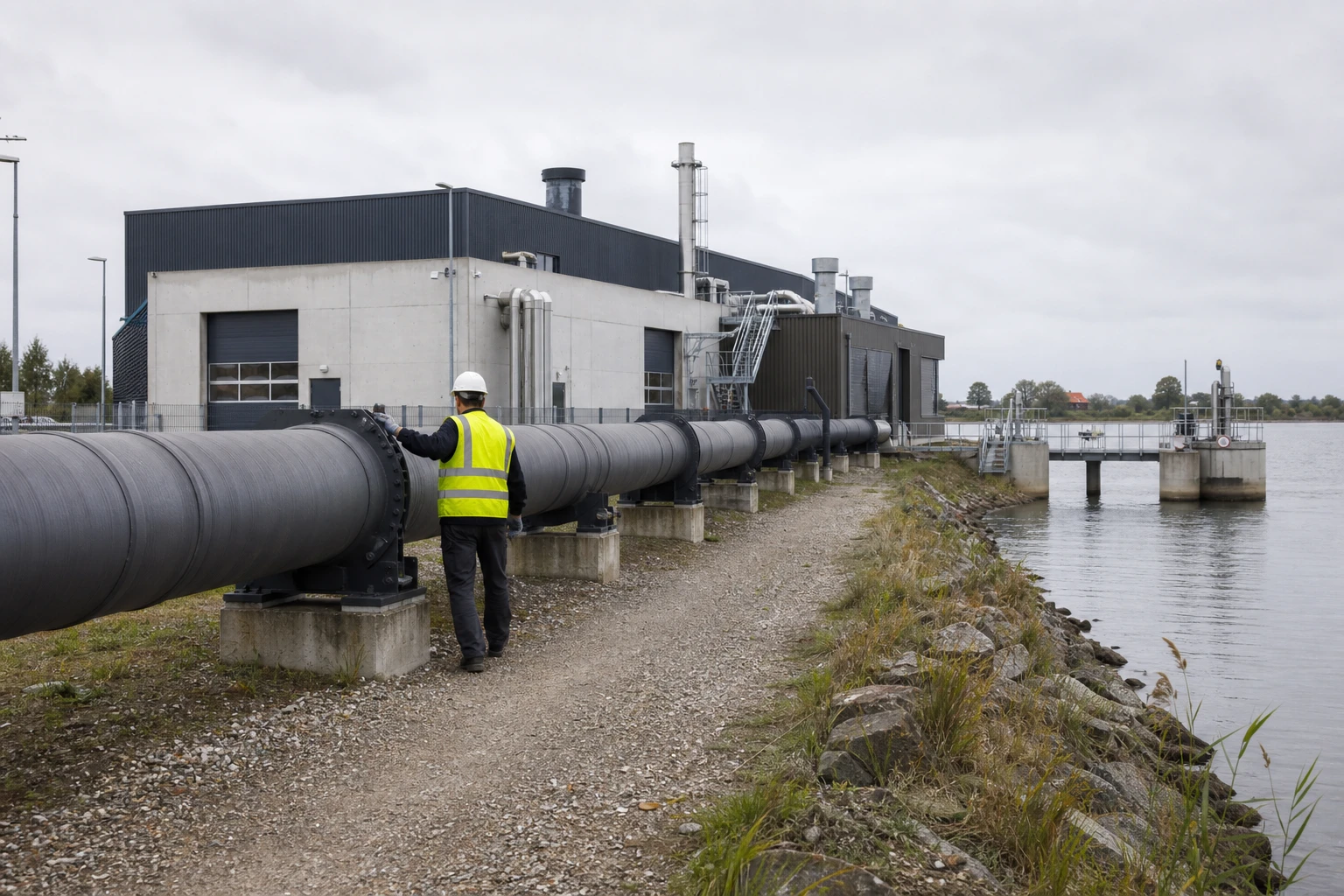Flusswärmepumpen-Energiezentrale am Ufer, sie hebt Flusswasserwärme auf Fernwärmeniveau.