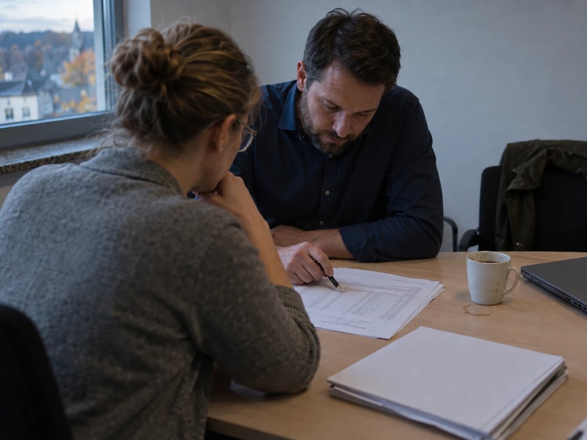 Zwei Mitarbeitende eines Stadtwerks gehen in einem Besprechungsraum eine ausgedruckte Kostenkalkulation durch