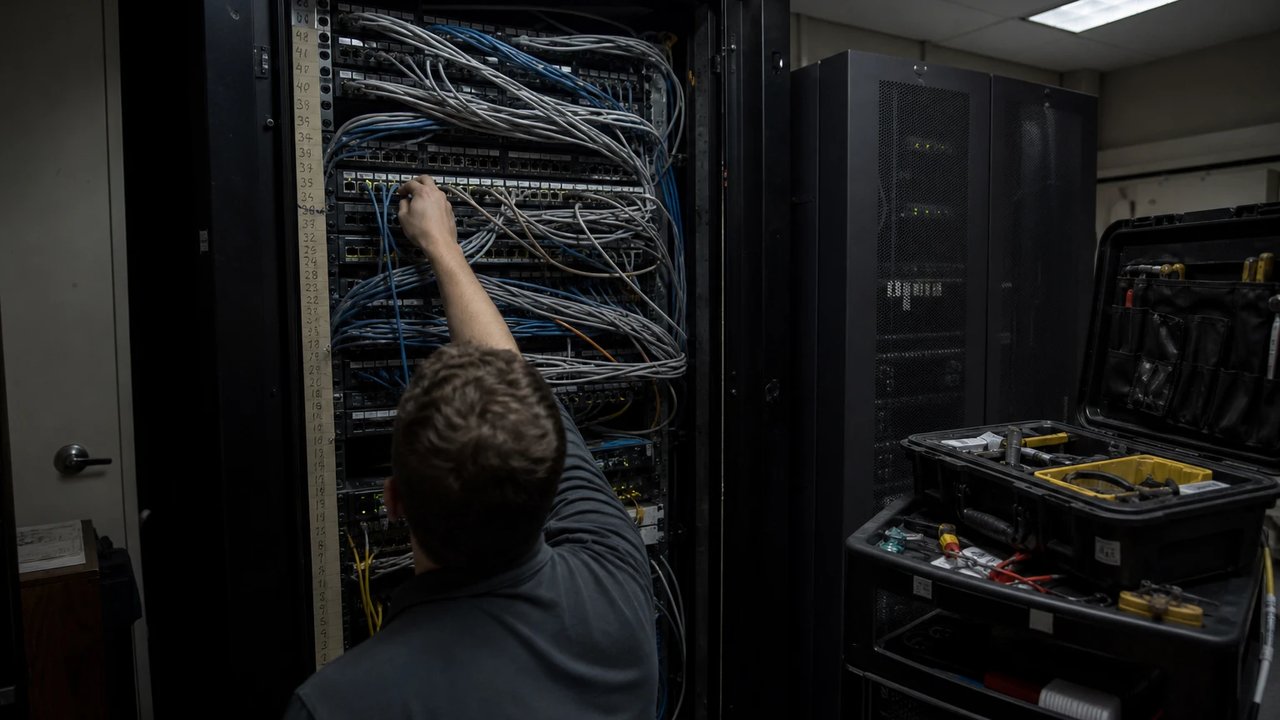 Netzwerktechniker von hinten beim Einbauen eines Kabels in einen dichten Serverschrank in einem dunklen Betriebsraum