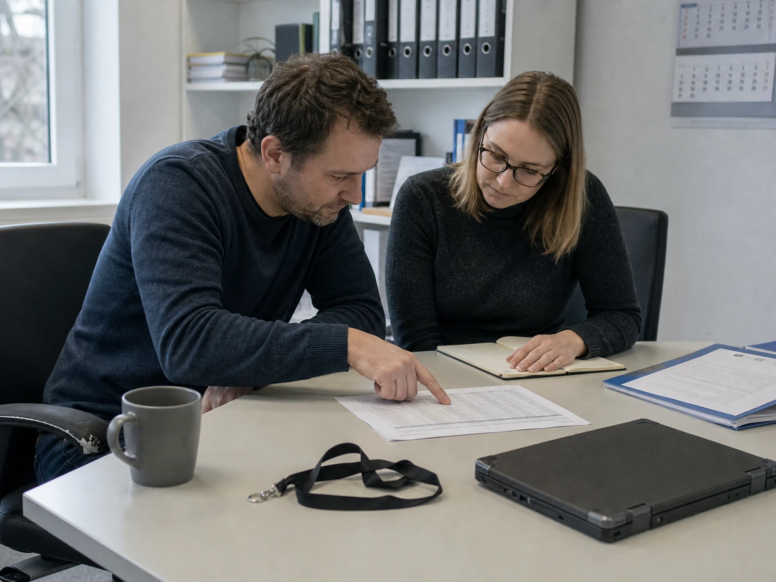 Zwei Kolleginnen im Regulierungsmanagement eines Netzbetreibers besprechen an einem Bürotisch eine ausgedruckte Tabelle mit Netzdaten, deren Zeilen zu den beiden Personen hin lesbar orientiert sind
