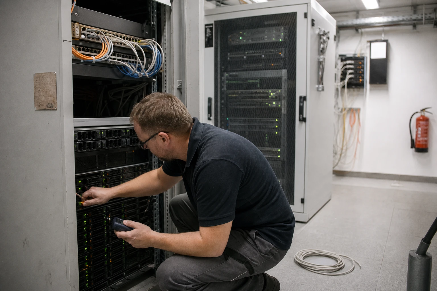 IT-Techniker eines Stadtwerks kniet in einem kleinen Serverraum vor einem offenen Rack und prüft mit einem Handmessgerät die Kabelverbindung an einer Speichereinheit, im Hintergrund ein zweites Rack und ein Feuerlöscher