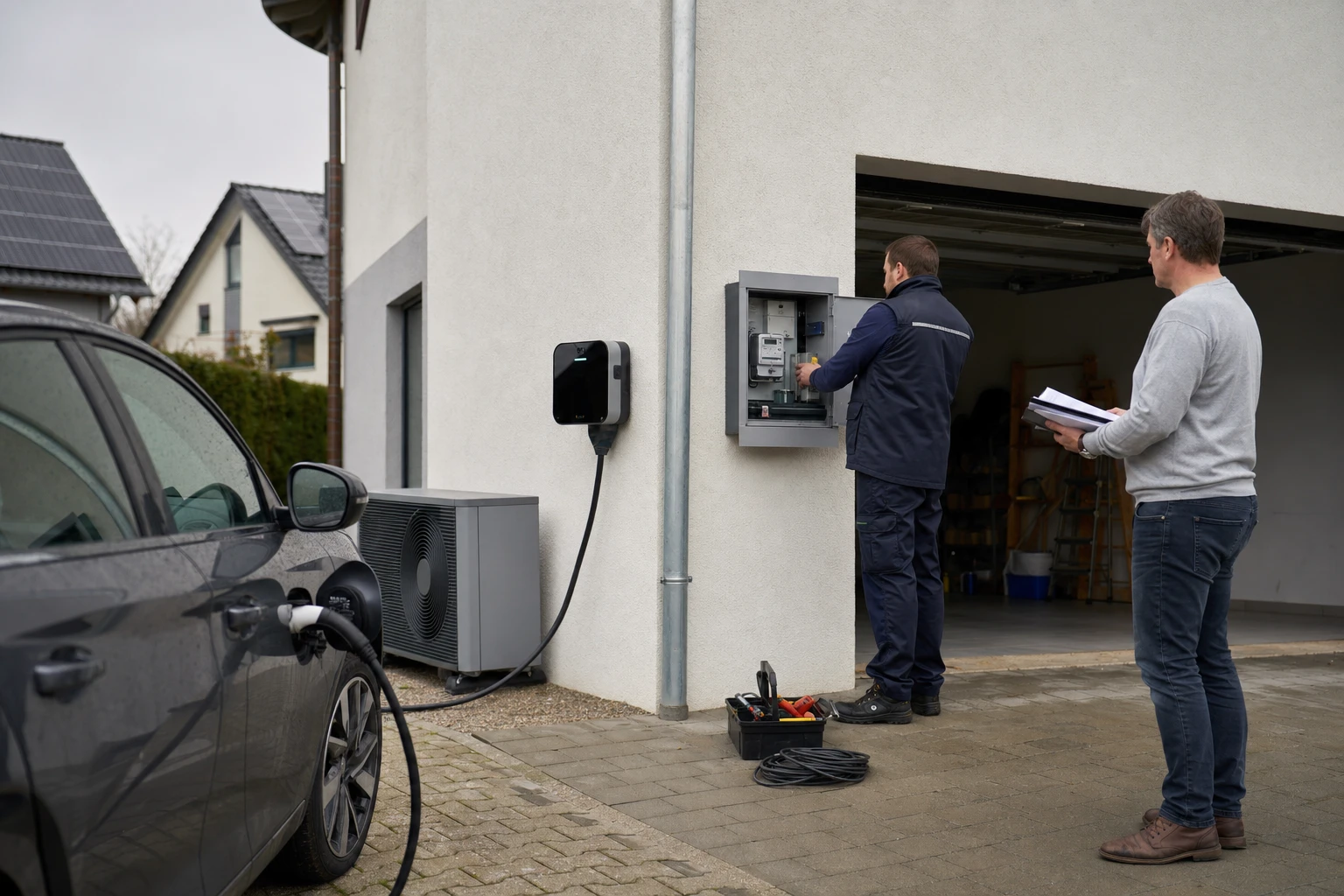 Elektroauto an einer Wandladestation in einer Hofeinfahrt neben einer grauen Wärmepumpe, ein Techniker prüft den Zählerschrank an der Hauswand