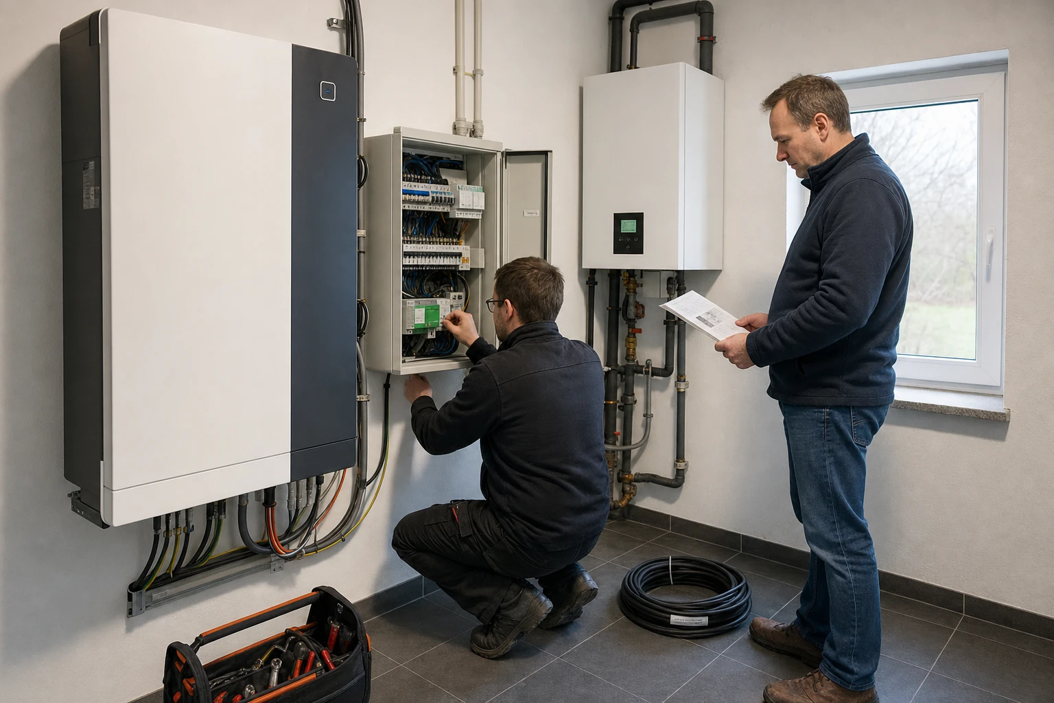 Hausanschlussraum mit wandmontiertem Heimspeicher und Zählerschrank mit gebündelter Verkabelung, ein Techniker prüft kniend eine Verbindung