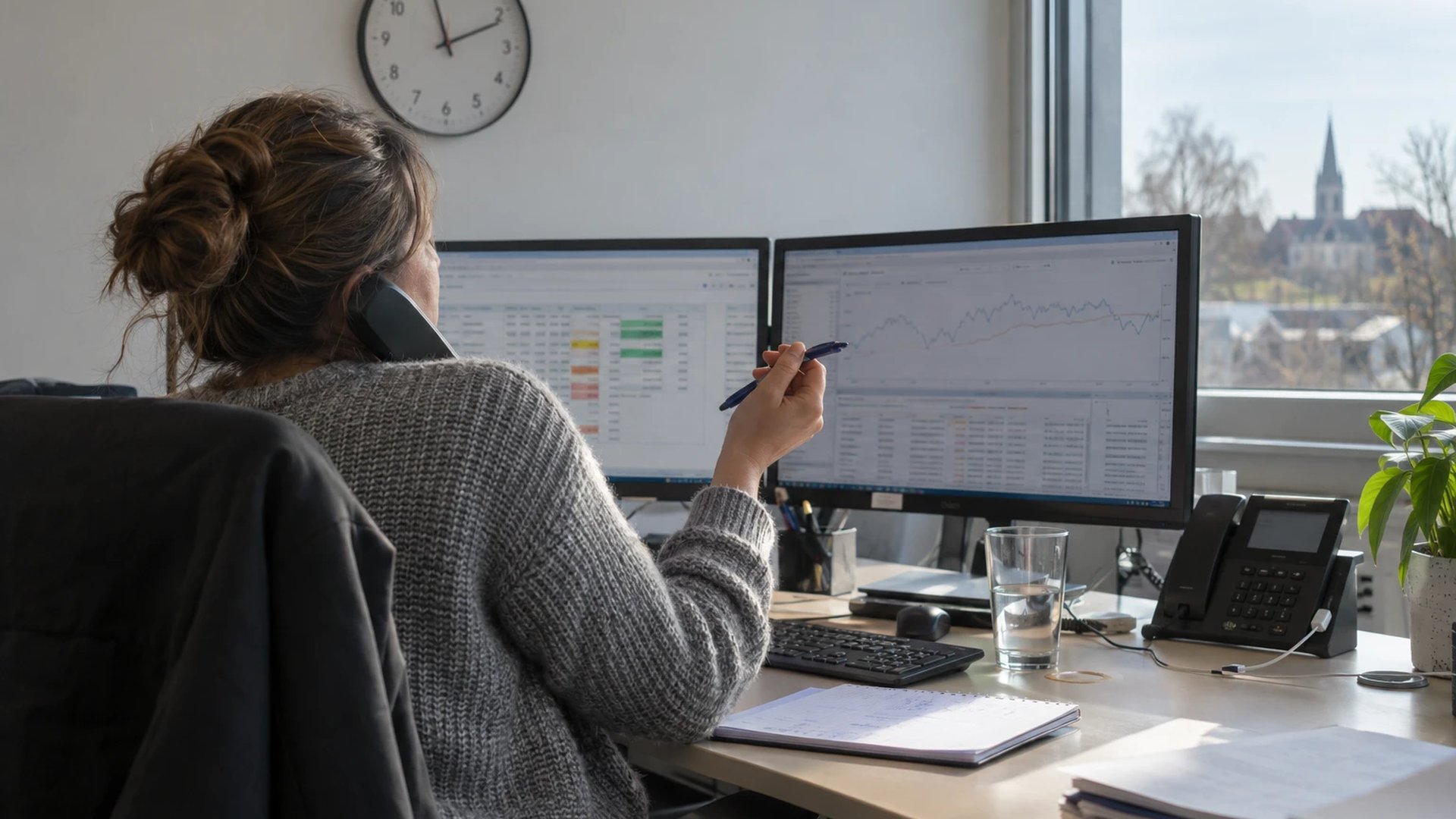 Händlerin am Bilanzkreisschreibtisch eines regionalen Versorgers telefoniert vor zwei Monitoren, einen Stift in der Hand