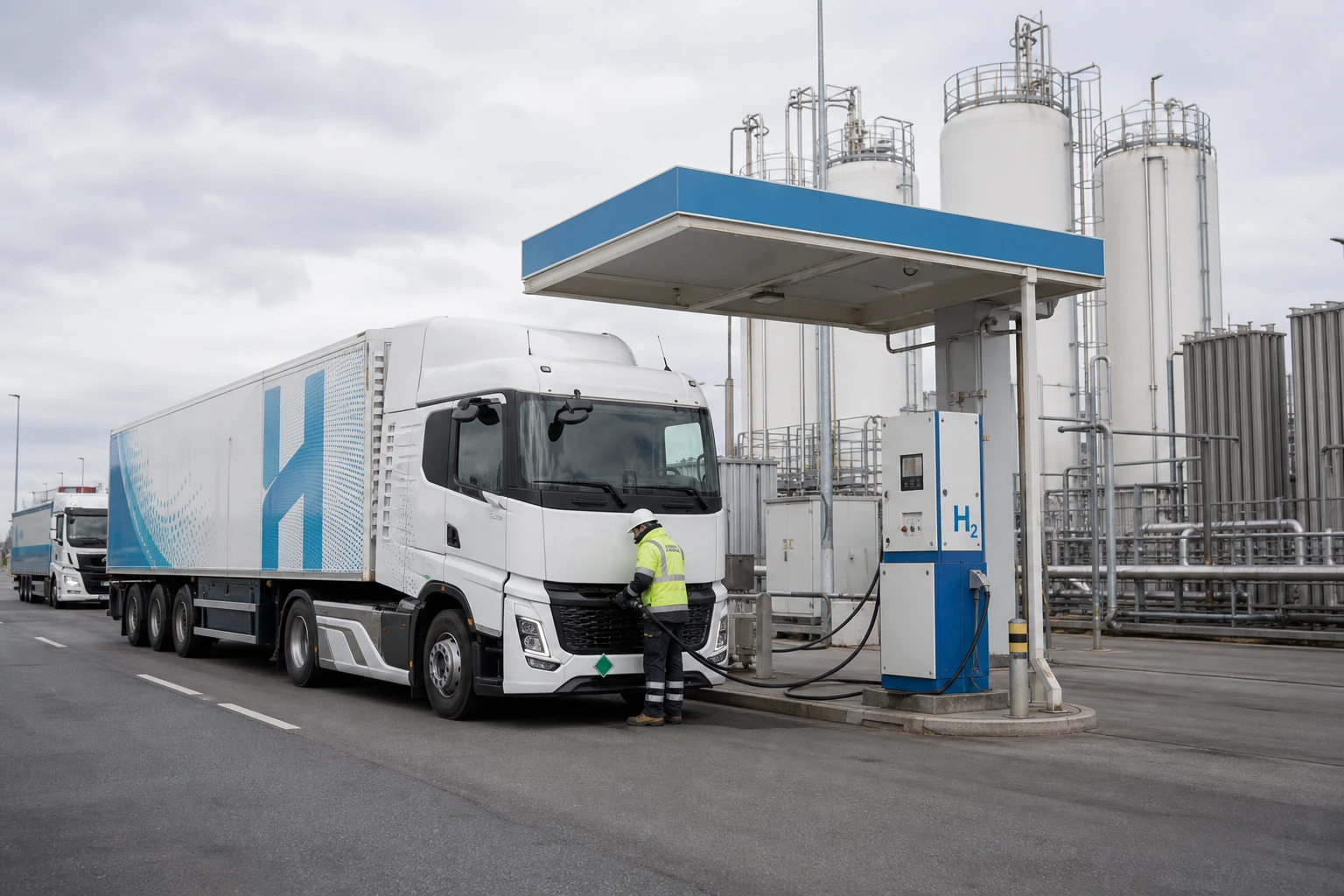 Wasserstoff-Tankstelle für Lkw, erneuerbarer Wasserstoff erreicht den Verkehrsmarkt