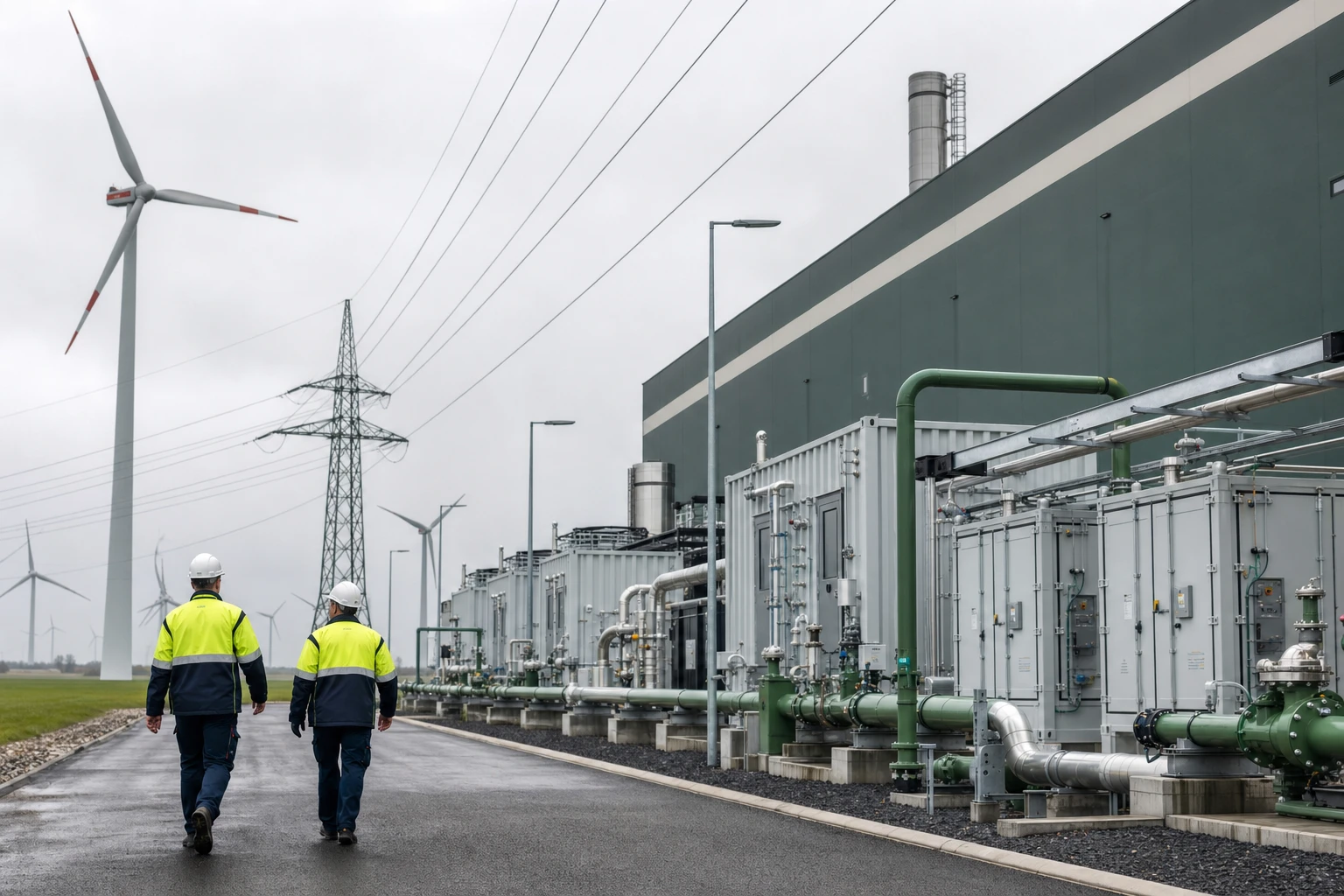 Elektrolyseanlage neben einem Windpark, der erneuerbare Strom speist die Wasserstofferzeugung