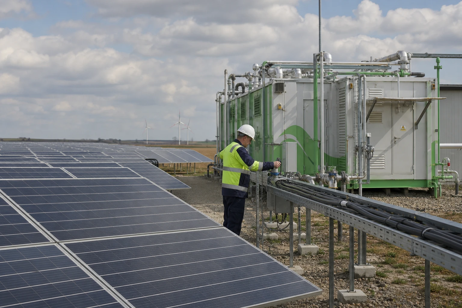 Elektrolyseanlage neben einem Solarpark, der erneuerbare Strombezug entscheidet über die RFNBO-Konformität