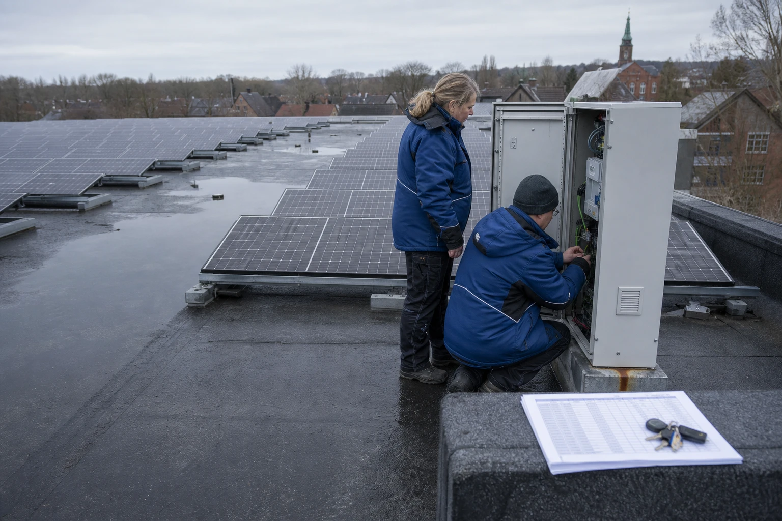 Zwei Beschäftigte eines Stadtwerks stehen auf einem Flachdach mit großer Solaranlage am geöffneten Wechselrichterschrank, auf der Attika liegt eine ausgedruckte Anlagenliste