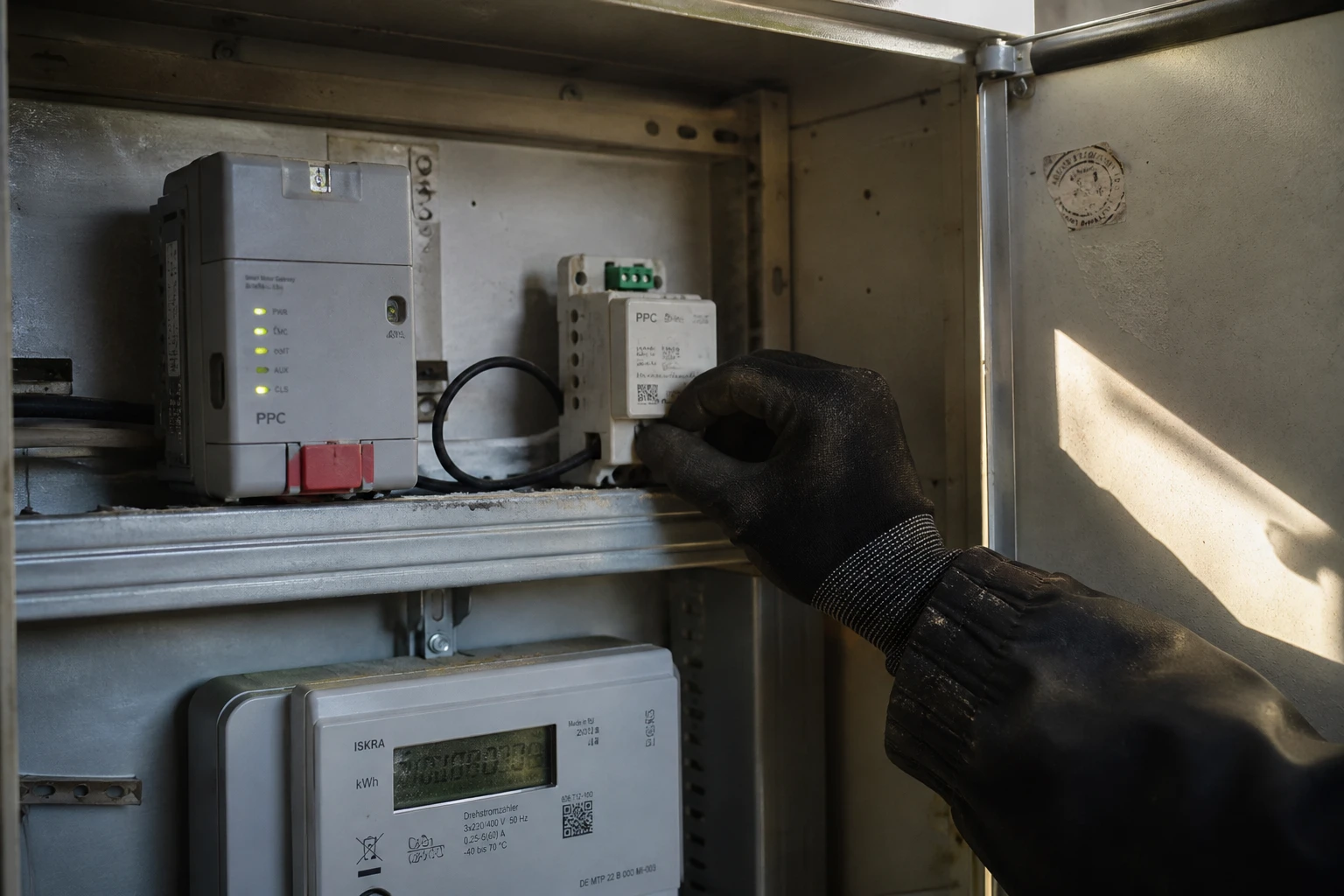Geöffneter Zählerschrank im Betriebsraum eines landwirtschaftlichen Gebäudes, Smart Meter Gateway und Steuerbox nebeneinander auf der Hutschiene über dem Zähler