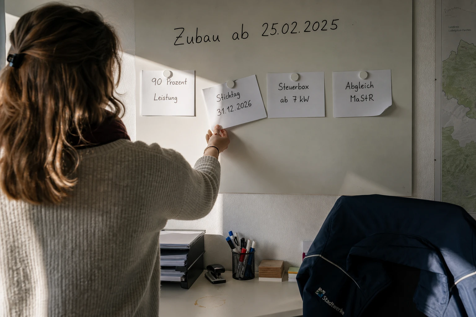 Mitarbeiterin eines Stadtwerks hängt an einer Planungswand eine Karte mit dem Stichtag 31.12.2026 unter die Überschrift Zubau ab 25.02.2025