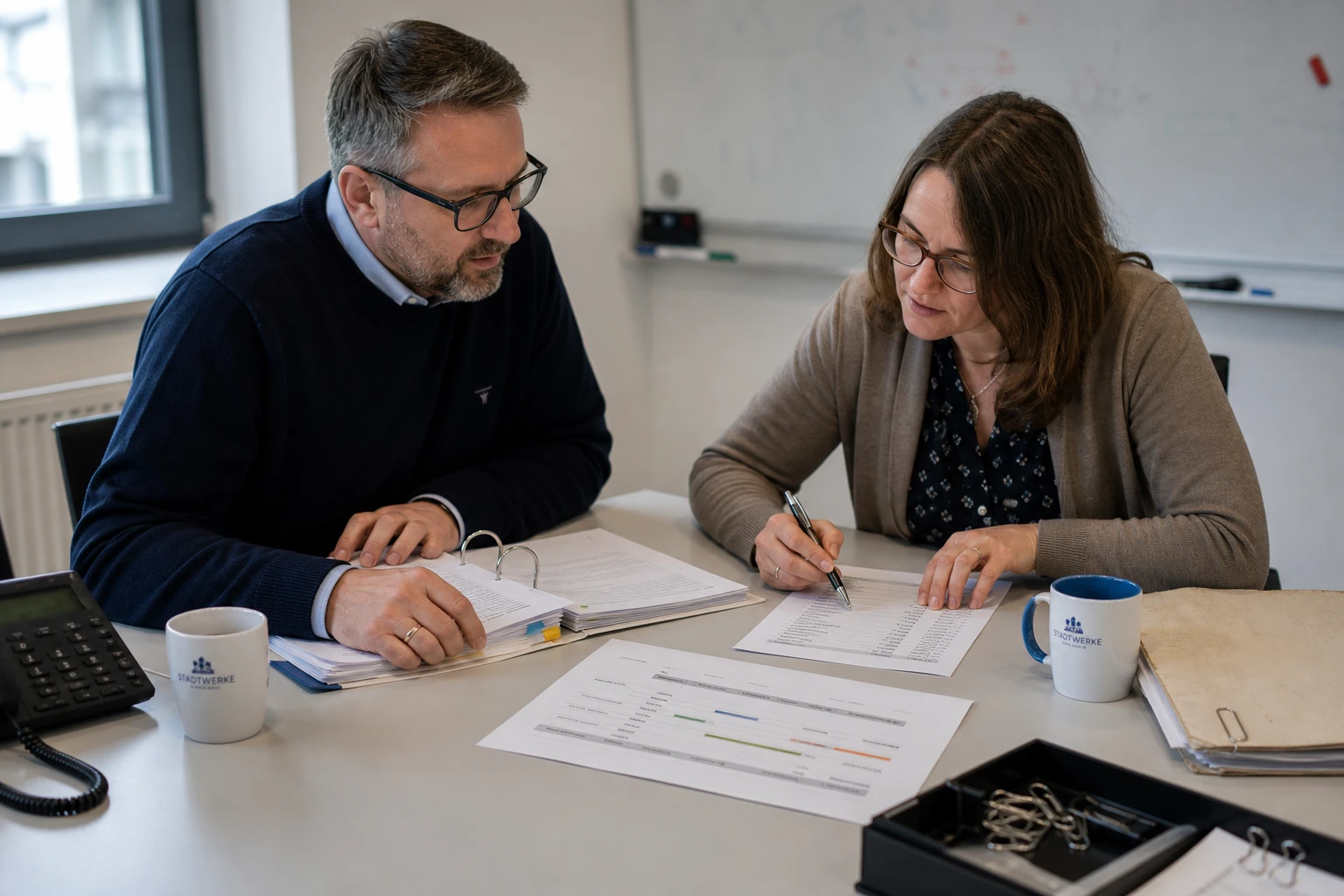 Zwei Kolleginnen prüfen am Besprechungstisch eines Versorgungsunternehmens eine gedruckte System-Roadmap und eine Zeitleisten-Tabelle, eine Hand ruht auf einem Ordner mit Farbreiter