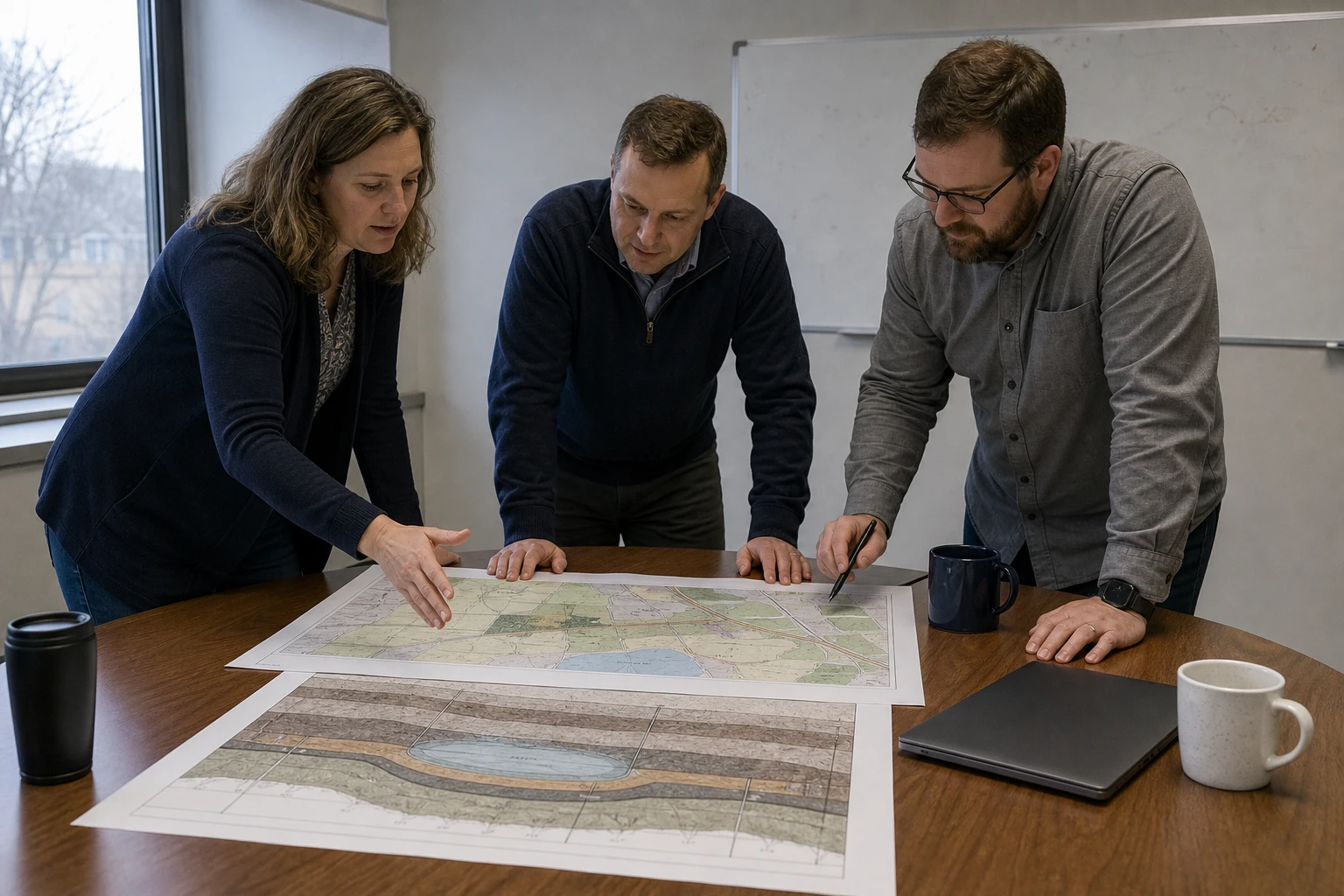 Drei Versorgungsplaner stehen um einen Tisch und beugen sich über eine Standortkarte und eine geologische Schnittzeichnung einer unterirdischen Speicherschicht
