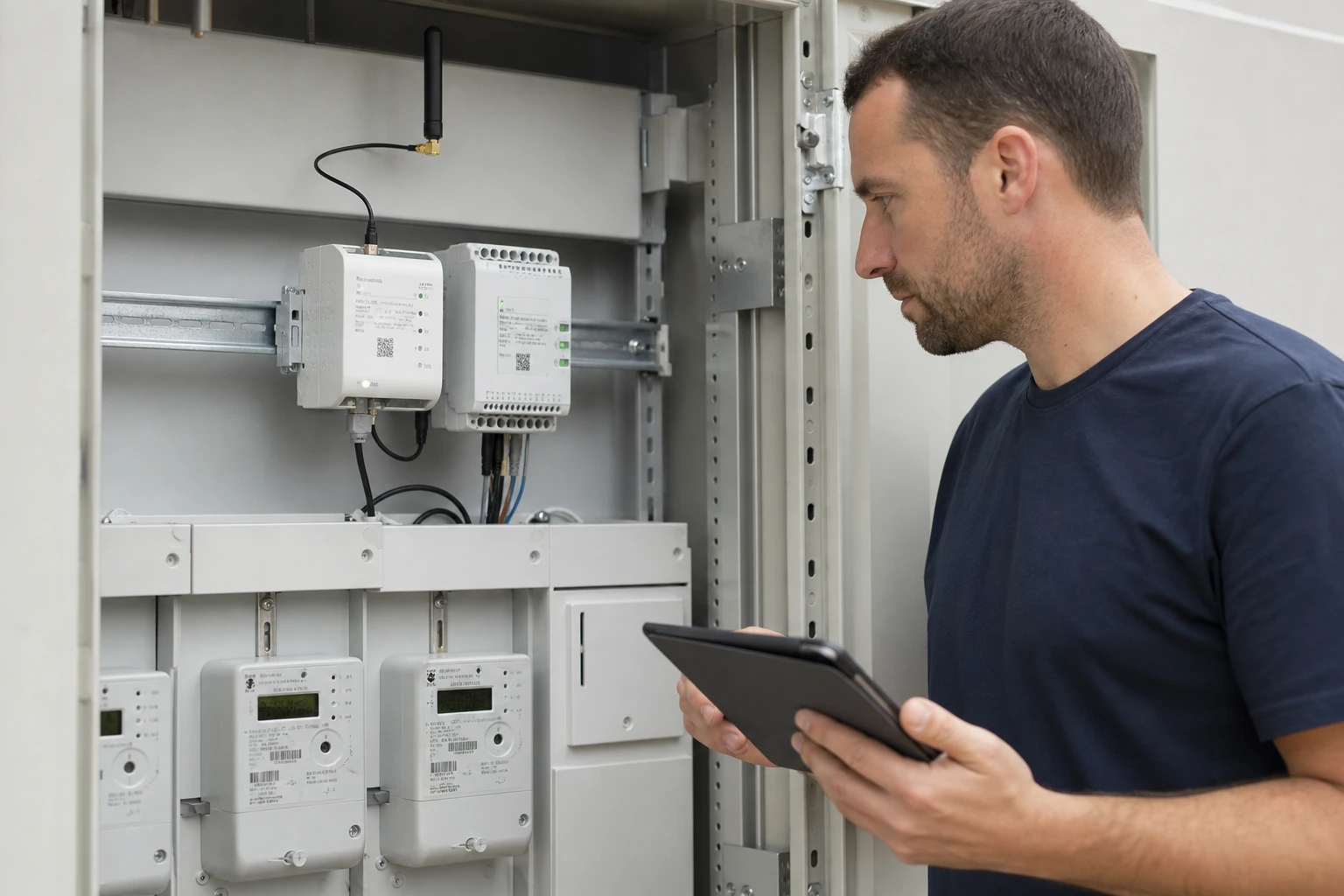 Modernes Smart Meter Gateway und Kommunikationsmodul auf einer Hutschiene in einem Zählerschrank mit Antenne, ein Techniker mit Tablet prüft das Gerät