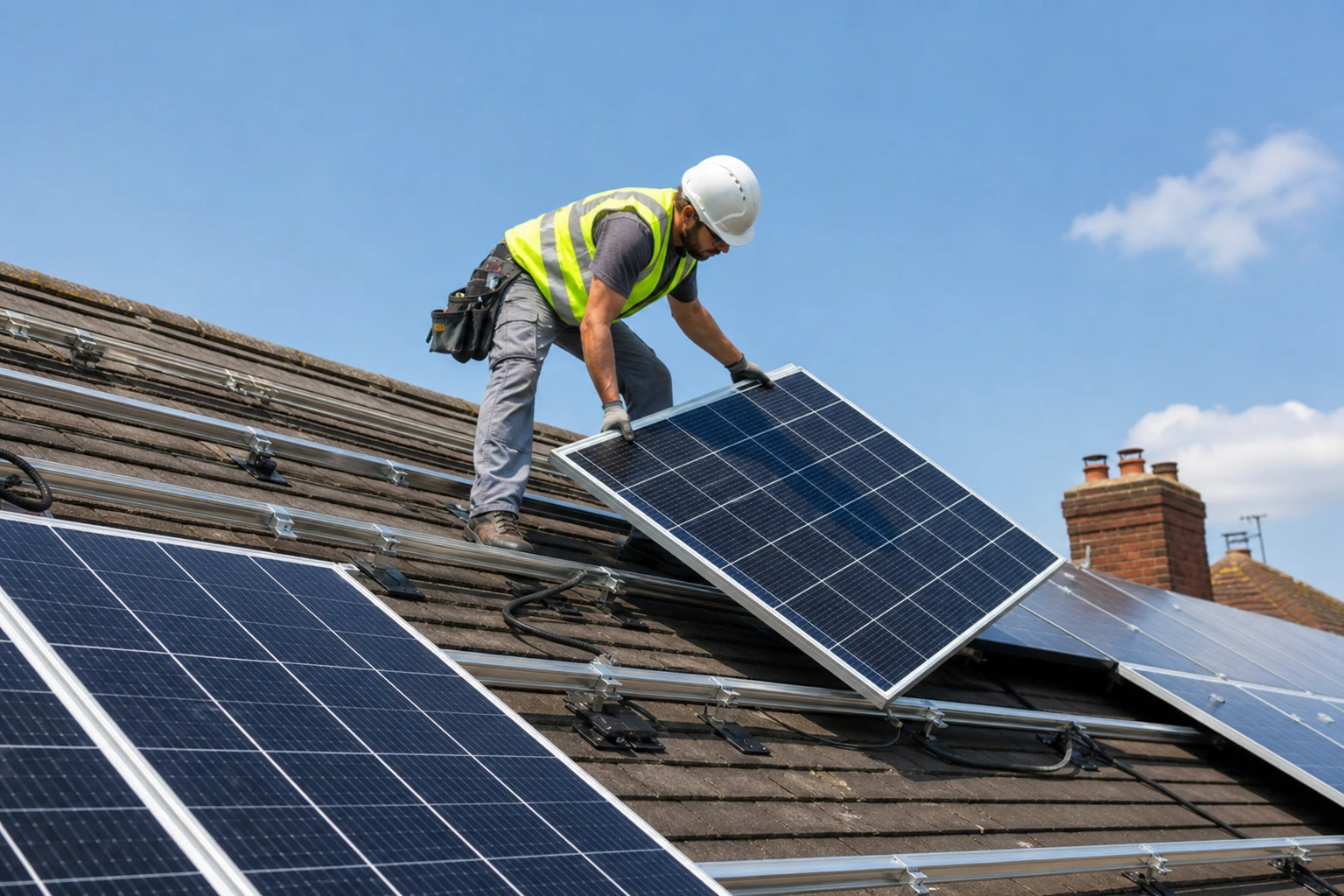 Ein Solarteur in Warnweste und Helm montiert Photovoltaikmodule auf einem geneigten Hausdach, Montageschienen und Kabel sichtbar, weitere Module bereits verlegt