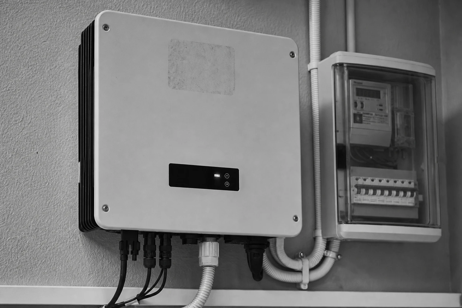 Wandmontierter PV-Wechselrichter mit kleinem Statusdisplay neben einem Zählerschrank, ordentlich verlegte Kabel